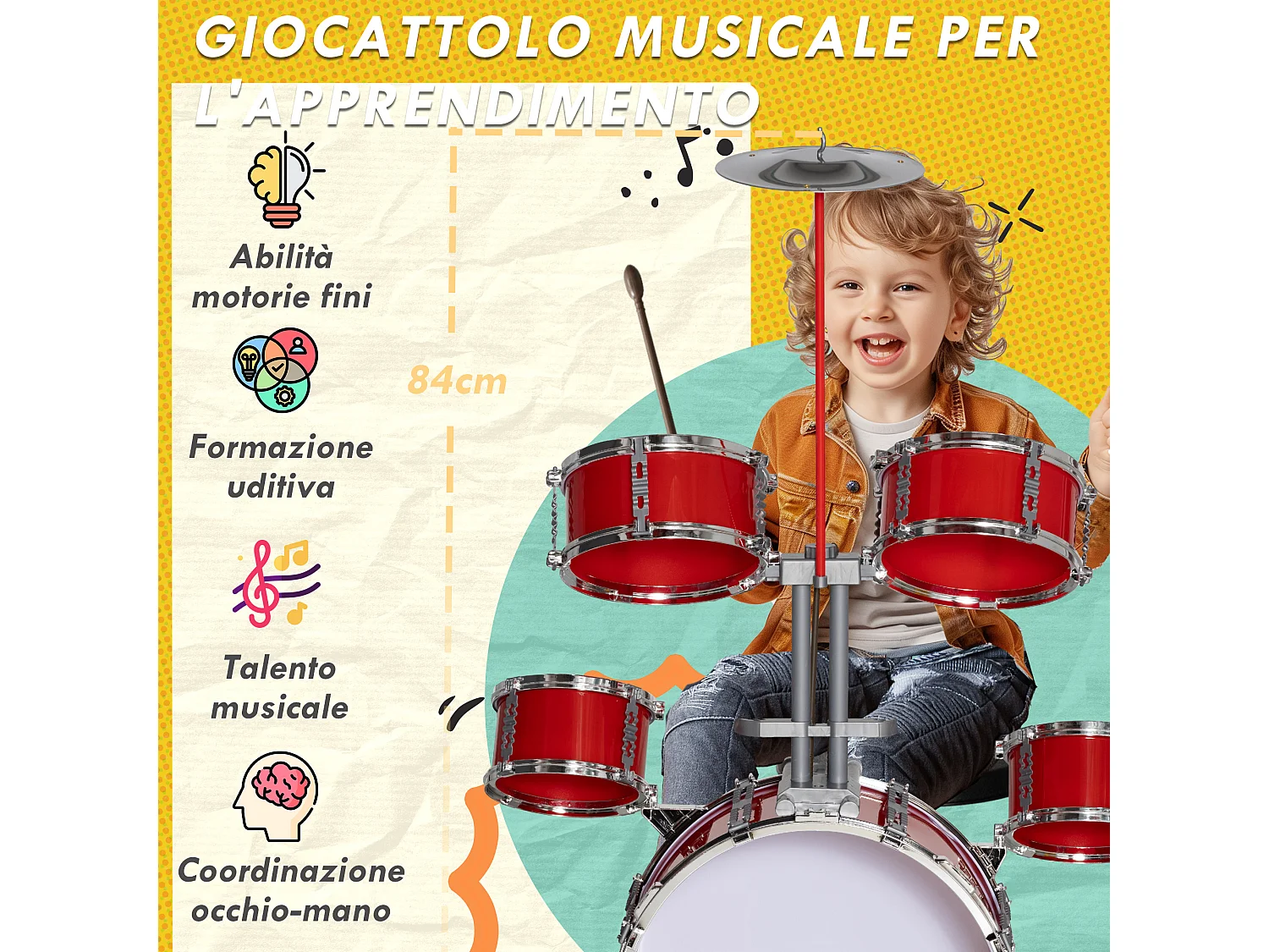 Set batteria per bambini 3-6 anni con tamburi grancassa e piatto rosso