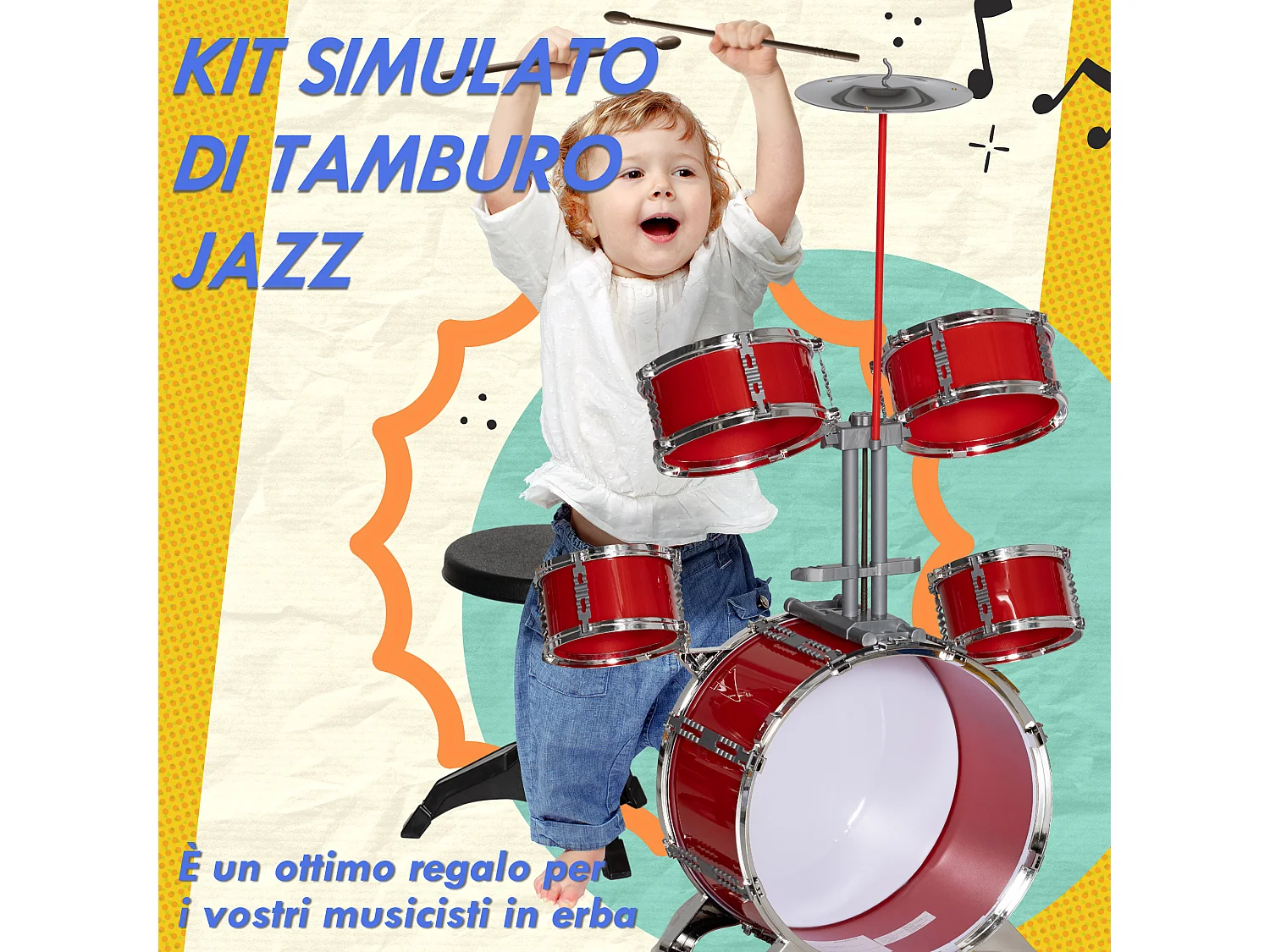 Set batteria per bambini 3-6 anni con tamburi grancassa e piatto rosso