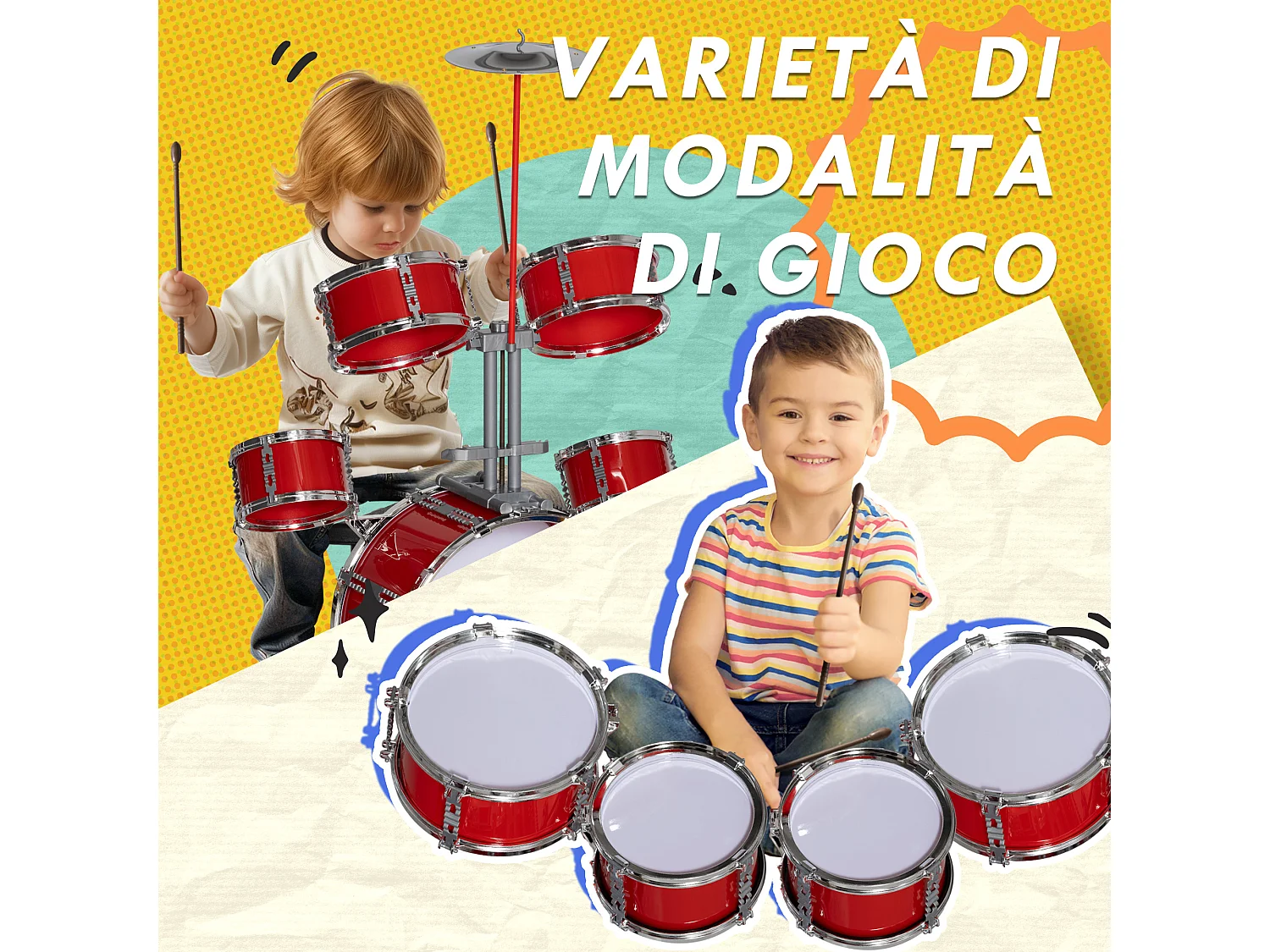 Set batteria per bambini 3-6 anni con tamburi grancassa e piatto rosso
