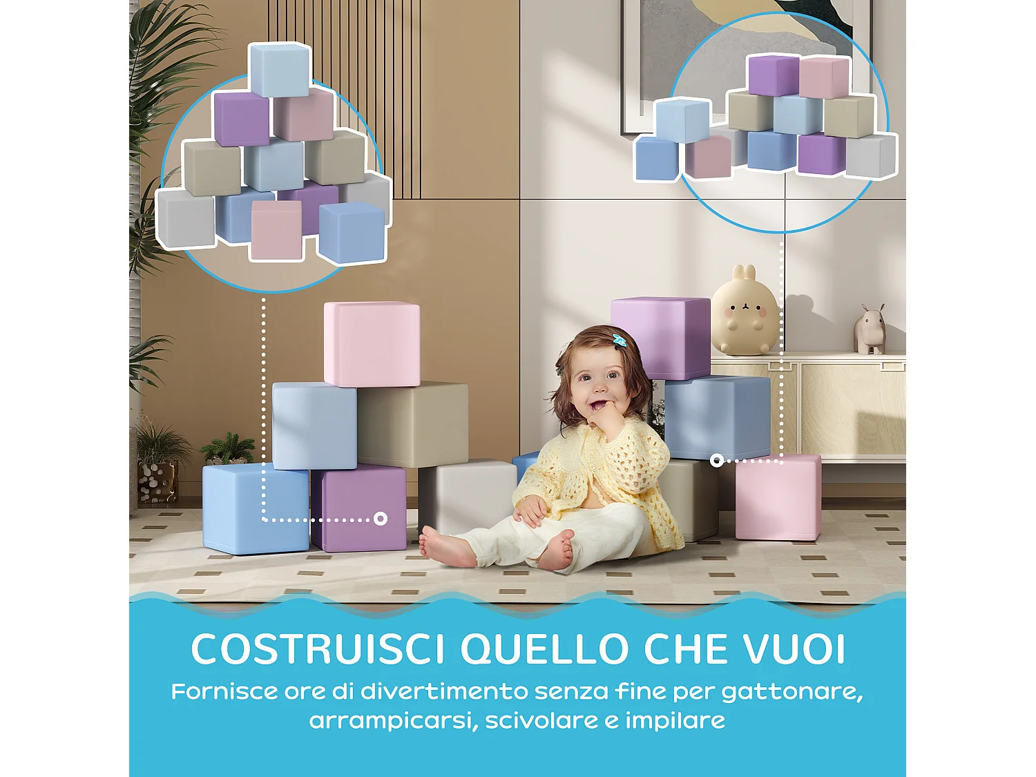 Set 12 cubi giocattolo morbidi per bambini 12-36 mesi multicolore