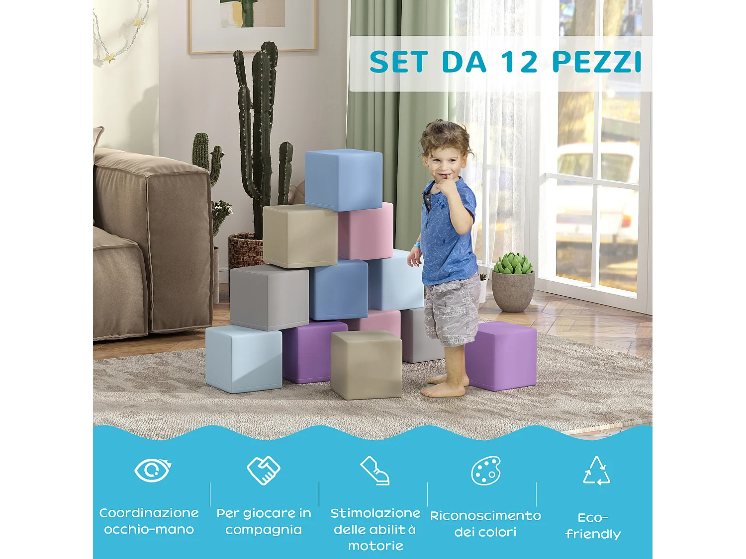 Set 12 cubi giocattolo morbidi per bambini 12-36 mesi multicolore