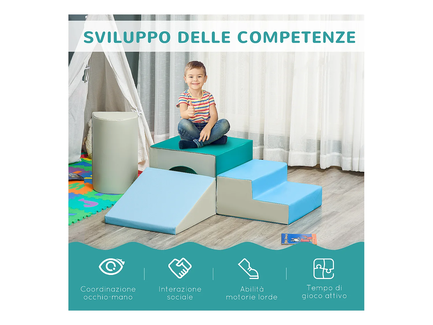 Set 4 blocchi di costruzioni morbidi per bambini 1-3 anni modulabili