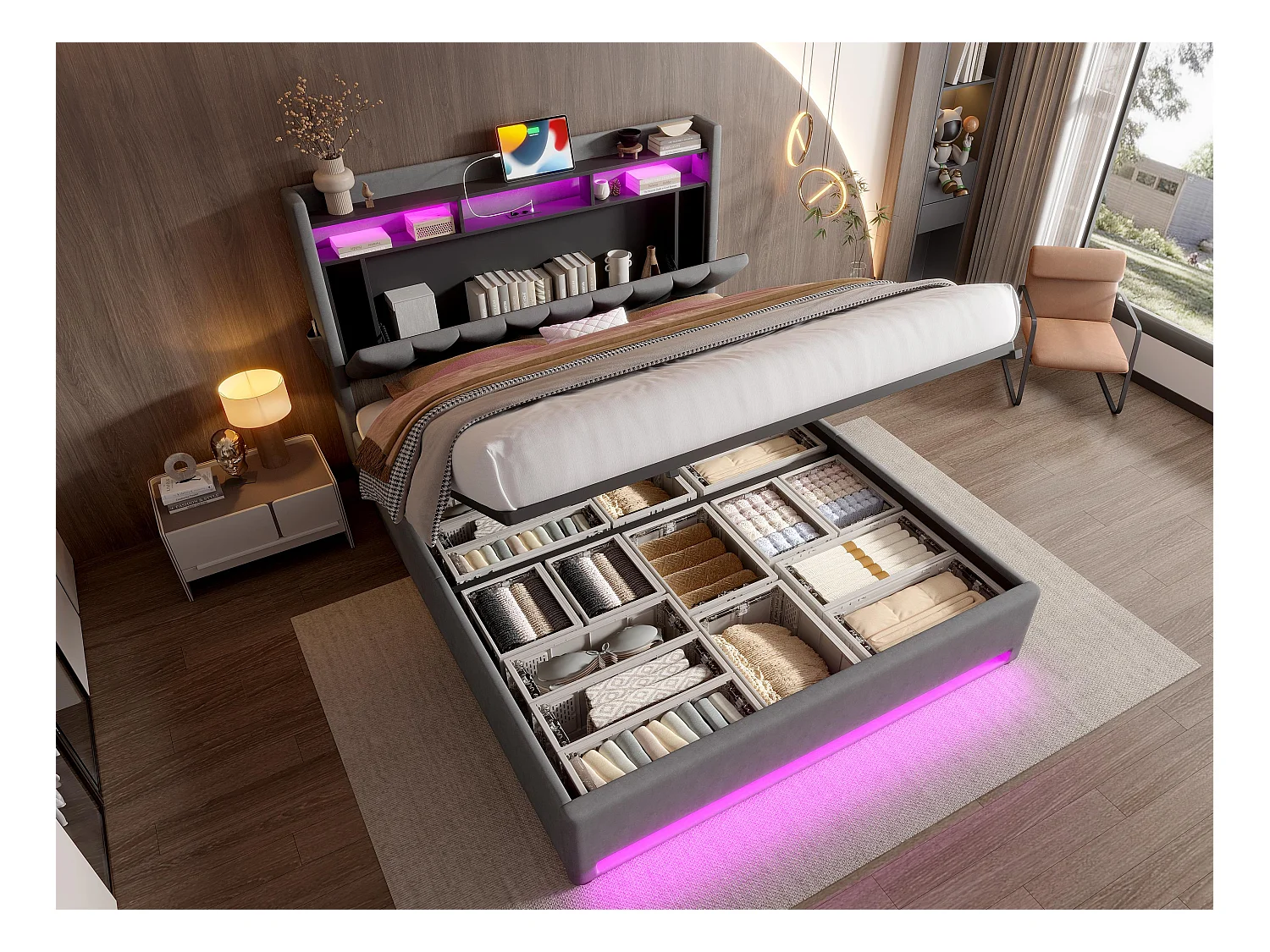 Lit Coffre 140×200 cm Velours Gris Foncé – Éclairage LED Multicolore - Ports USB+Type‑C - Rangement Sous Sommier – Style Contemporain