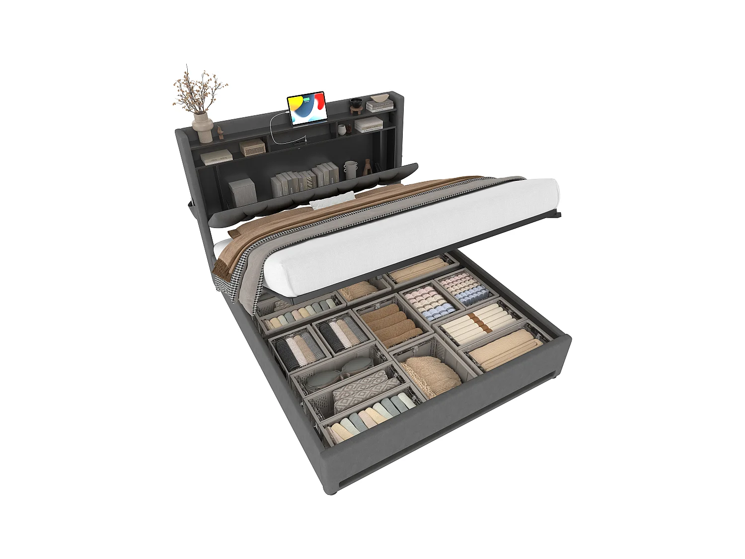 Lit Coffre 140×200 cm Velours Gris Foncé – Éclairage LED Multicolore - Ports USB+Type‑C - Rangement Sous Sommier – Style Contemporain