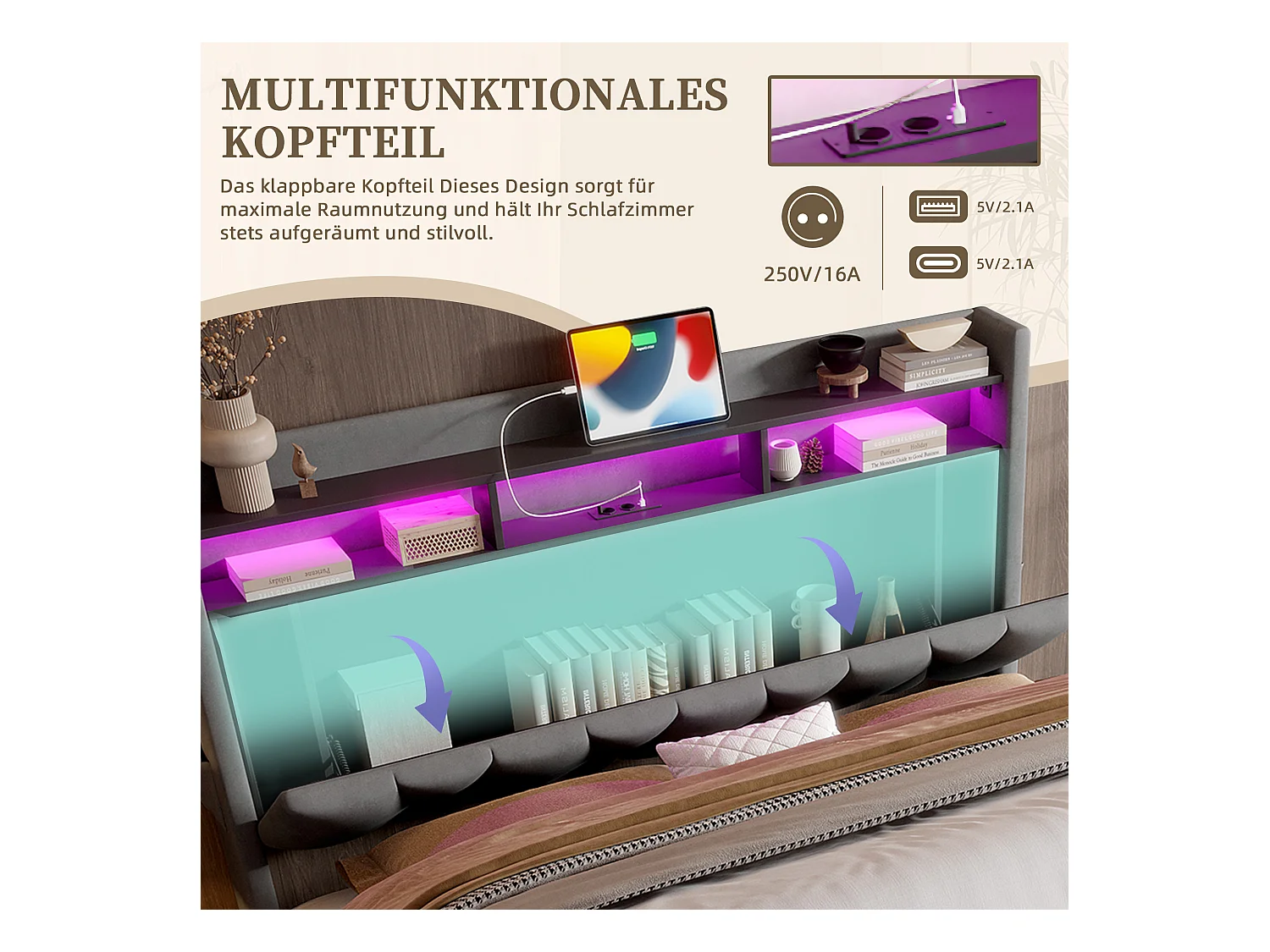 Lit Coffre 140×200 cm Velours Gris Foncé – Éclairage LED Multicolore - Ports USB+Type‑C - Rangement Sous Sommier – Style Contemporain