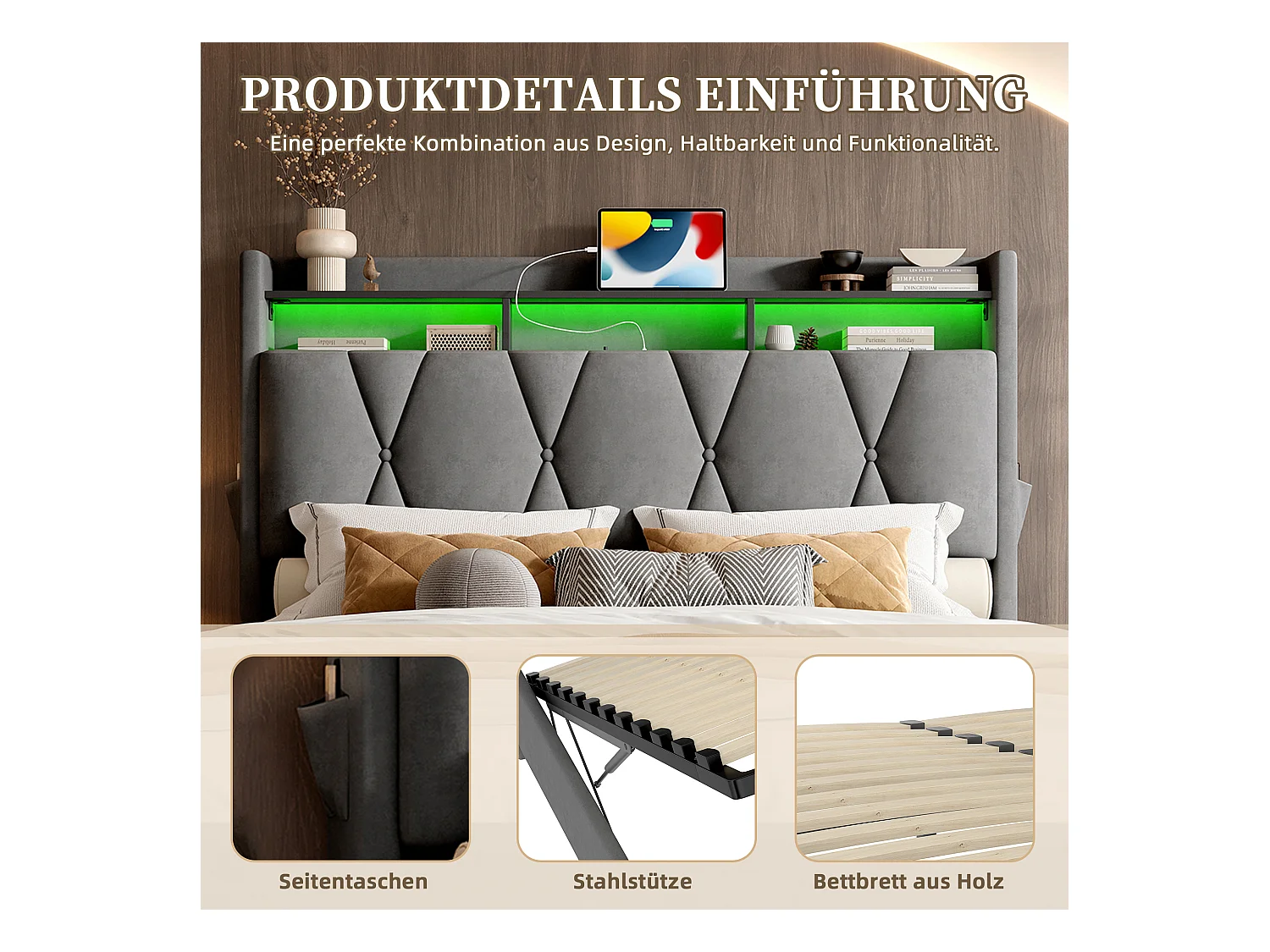 Lit Coffre 140×200 cm Velours Gris Foncé – Éclairage LED Multicolore - Ports USB+Type‑C - Rangement Sous Sommier – Style Contemporain