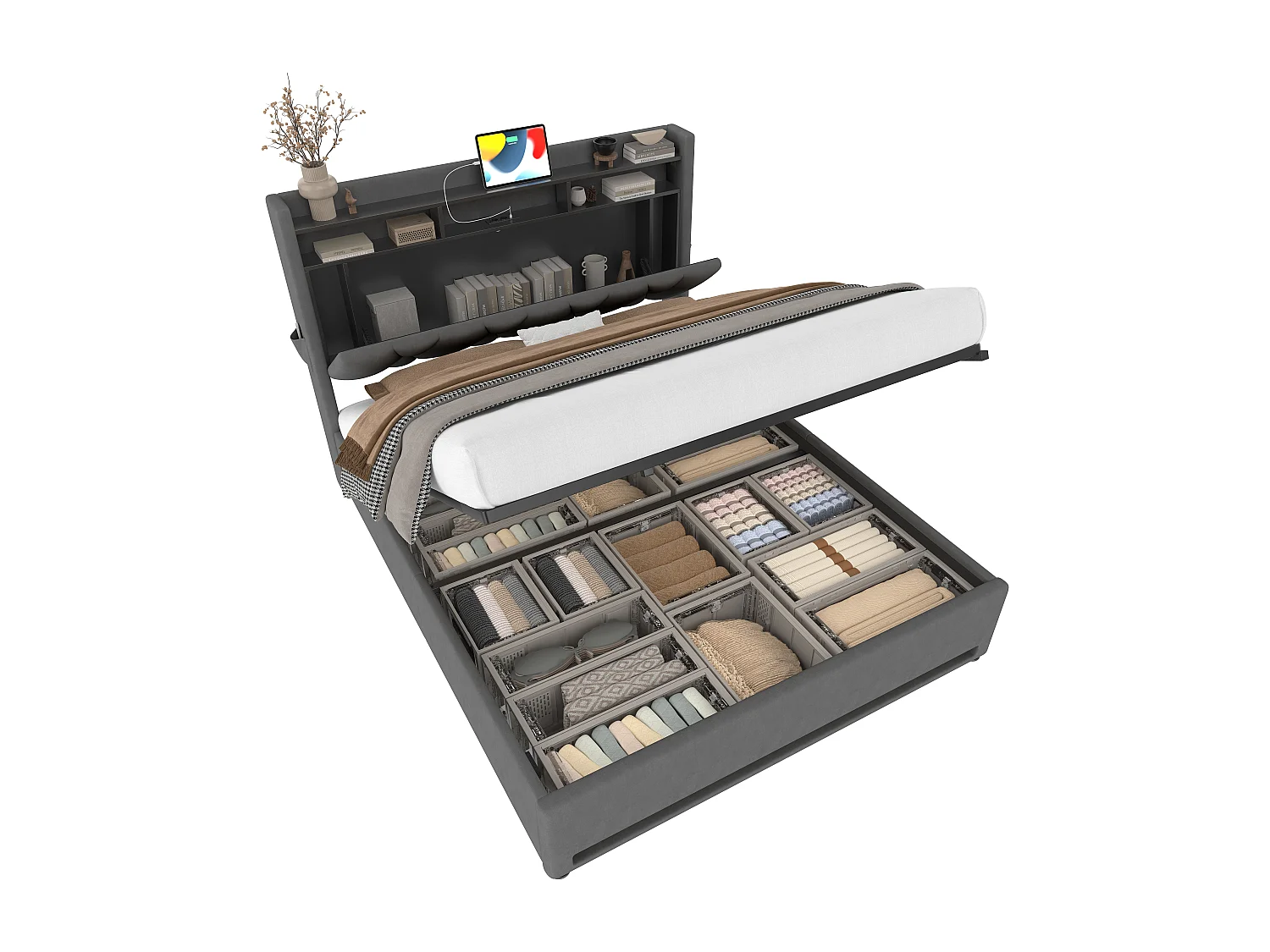 Lit Coffre 140×200 cm Velours Gris Foncé – Éclairage LED Multicolore - Ports USB+Type‑C - Rangement Sous Sommier – Style Contemporain