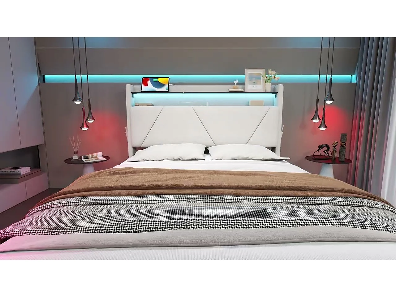 Lit Coffre 140×200 cm Velours Gris Foncé – Éclairage LED Multicolore - Ports USB+Type‑C - Rangement Sous Sommier – Style Contemporain