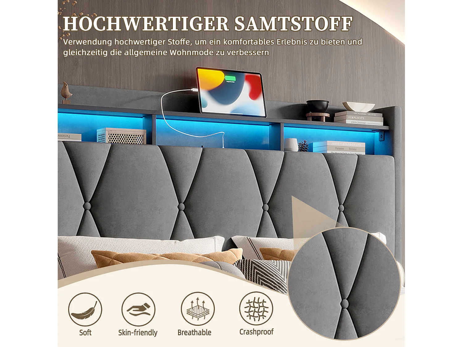 Lit Coffre 140×200 cm Velours Gris Foncé – Éclairage LED Multicolore - Ports USB+Type‑C - Rangement Sous Sommier – Style Contemporain