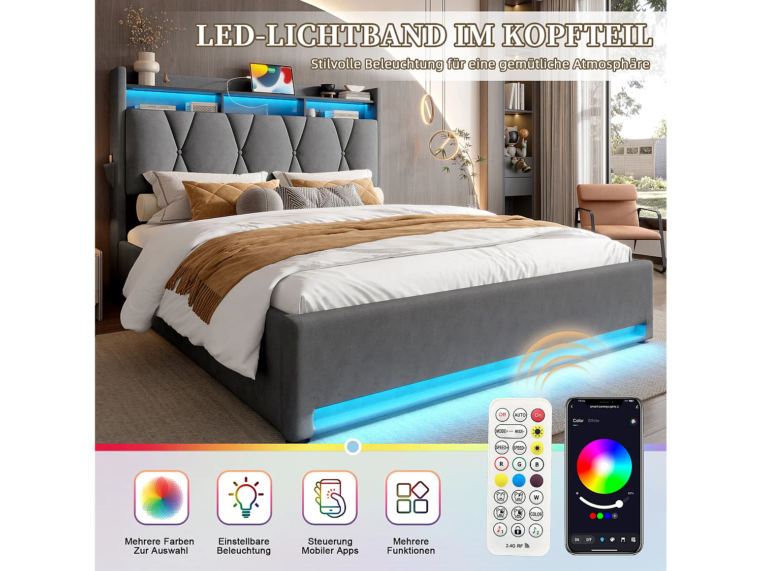 Lit Coffre 140×200 cm Velours Gris Foncé – Éclairage LED Multicolore - Ports USB+Type‑C - Rangement Sous Sommier – Style Contemporain
