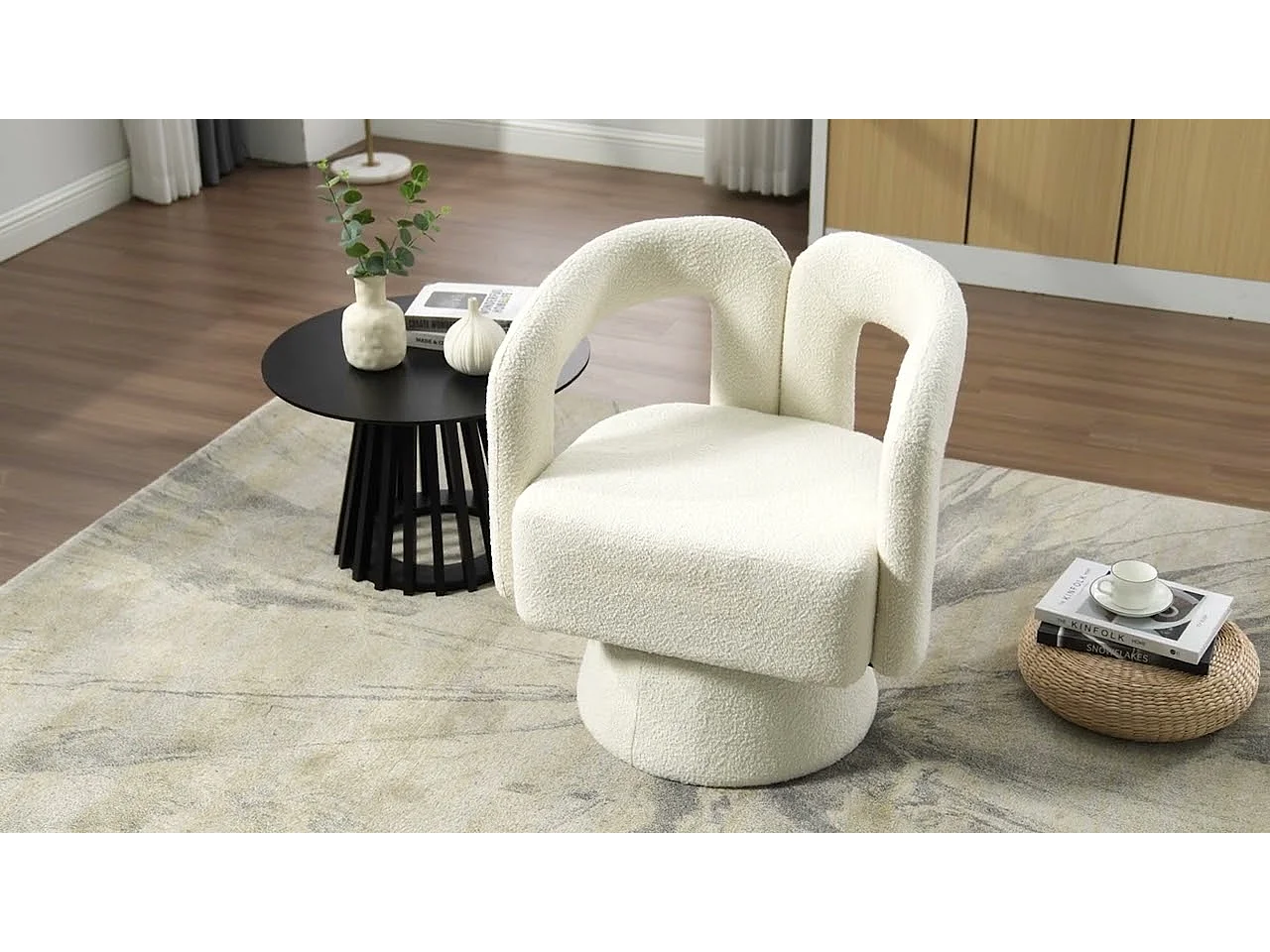 Fauteuil Pivotant à 360° en Tissu Teddy Gris - Dossier Double Arche et Design Moderne