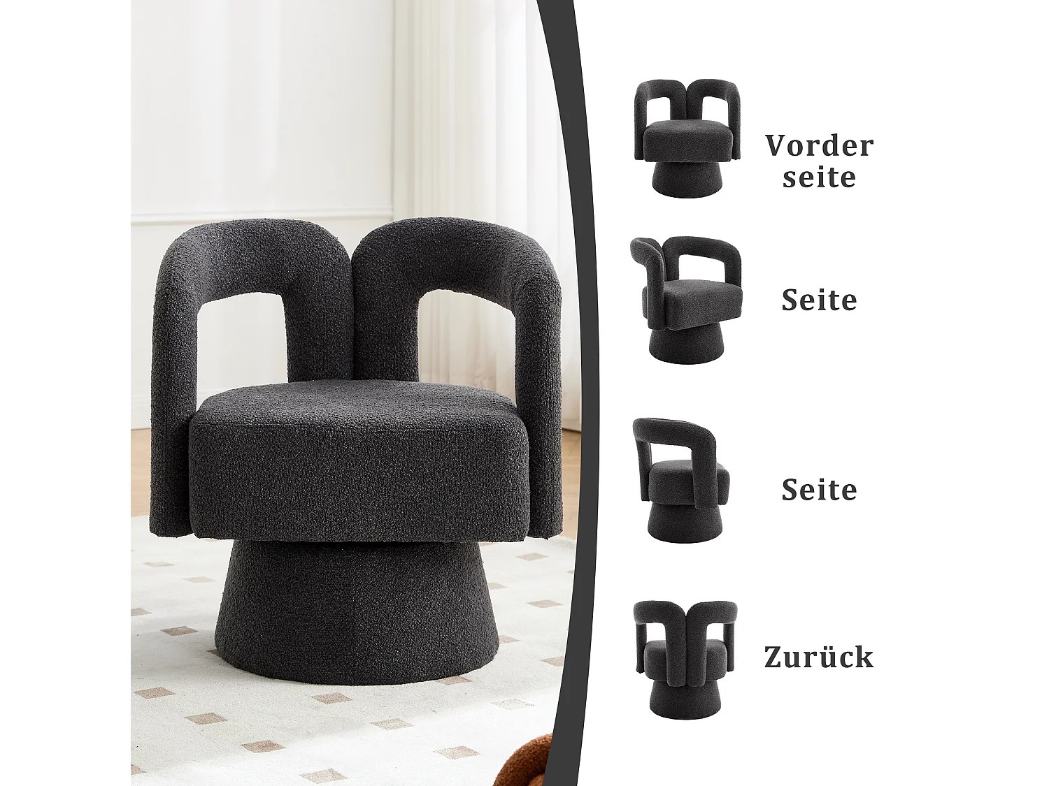 Fauteuil Pivotant à 360° en Tissu Teddy Gris - Dossier Double Arche et Design Moderne
