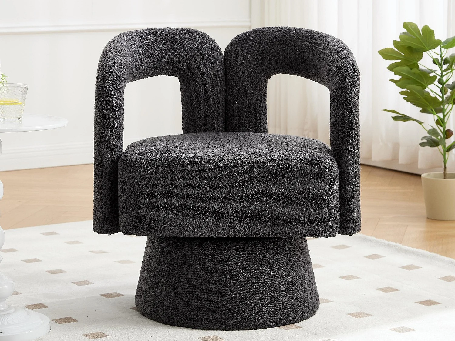 Fauteuil Pivotant à 360° en Tissu Teddy Gris - Dossier Double Arche et Design Moderne