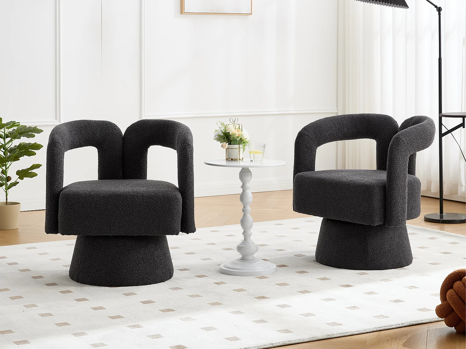 Fauteuil Pivotant à 360° en Tissu Teddy Gris - Dossier Double Arche et Design Moderne