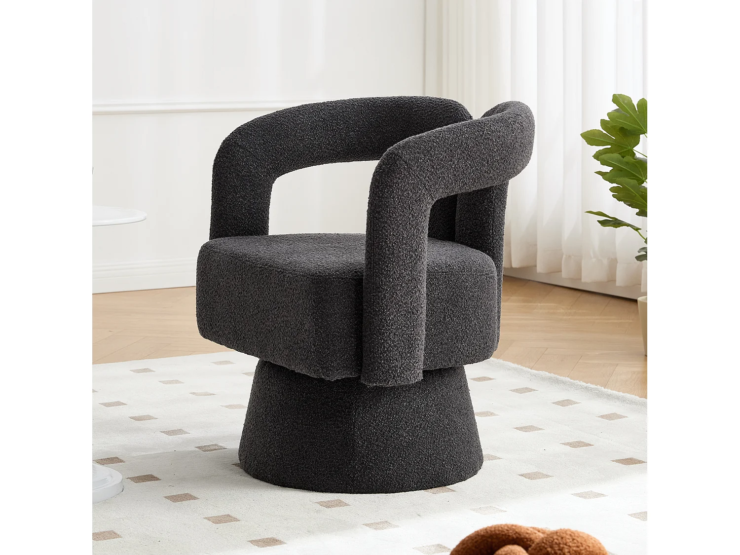 Fauteuil Pivotant à 360° en Tissu Teddy Gris - Dossier Double Arche et Design Moderne