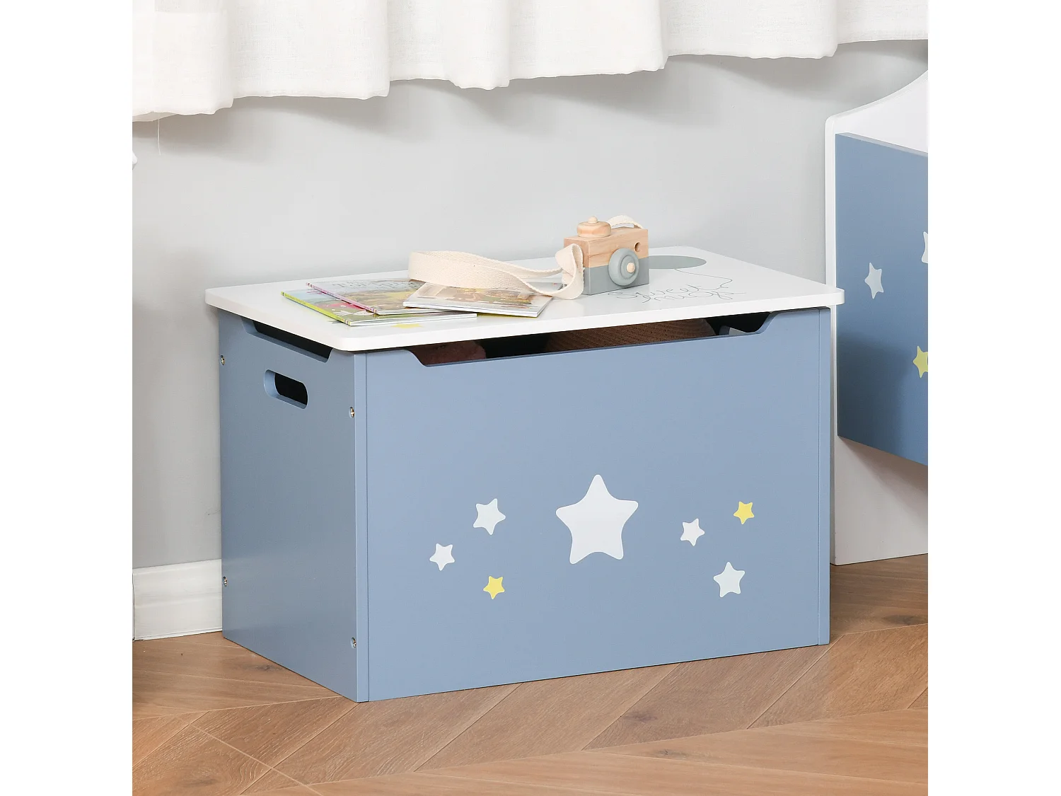 Cassapanca baule portagiochi panca per bambini in legno blu e bianco