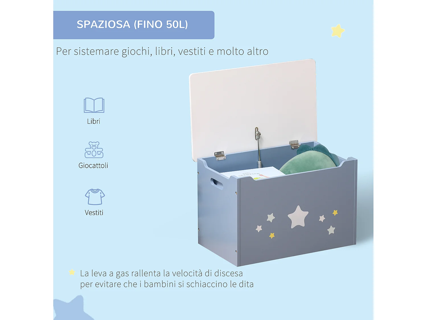 Cassapanca baule portagiochi panca per bambini in legno blu e bianco