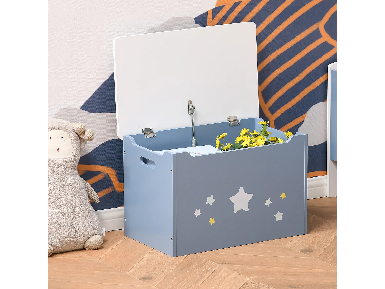 Cassapanca baule portagiochi panca per bambini in legno blu e bianco