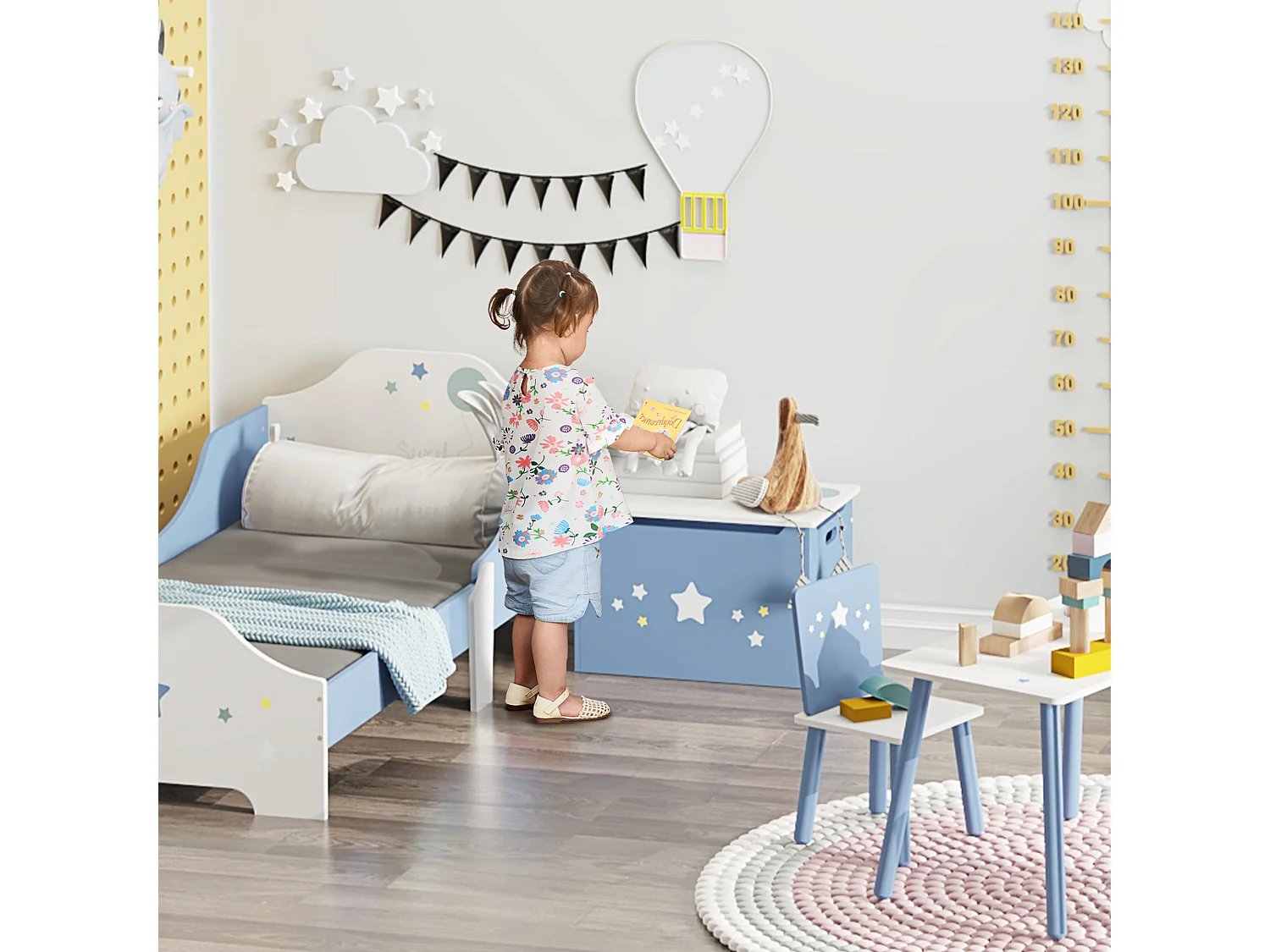 Cassapanca baule portagiochi panca per bambini in legno blu e bianco