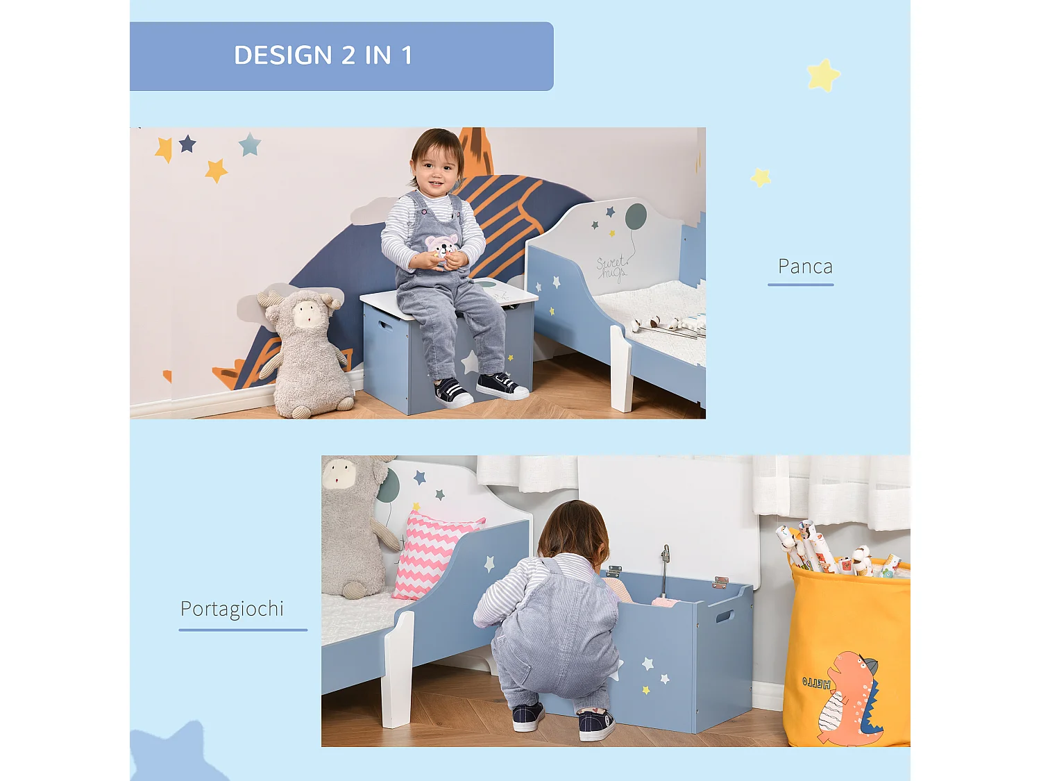Cassapanca baule portagiochi panca per bambini in legno blu e bianco