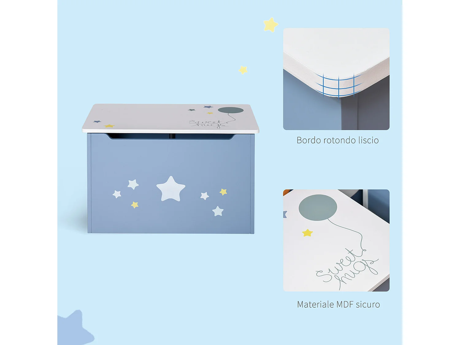 Cassapanca baule portagiochi panca per bambini in legno blu e bianco