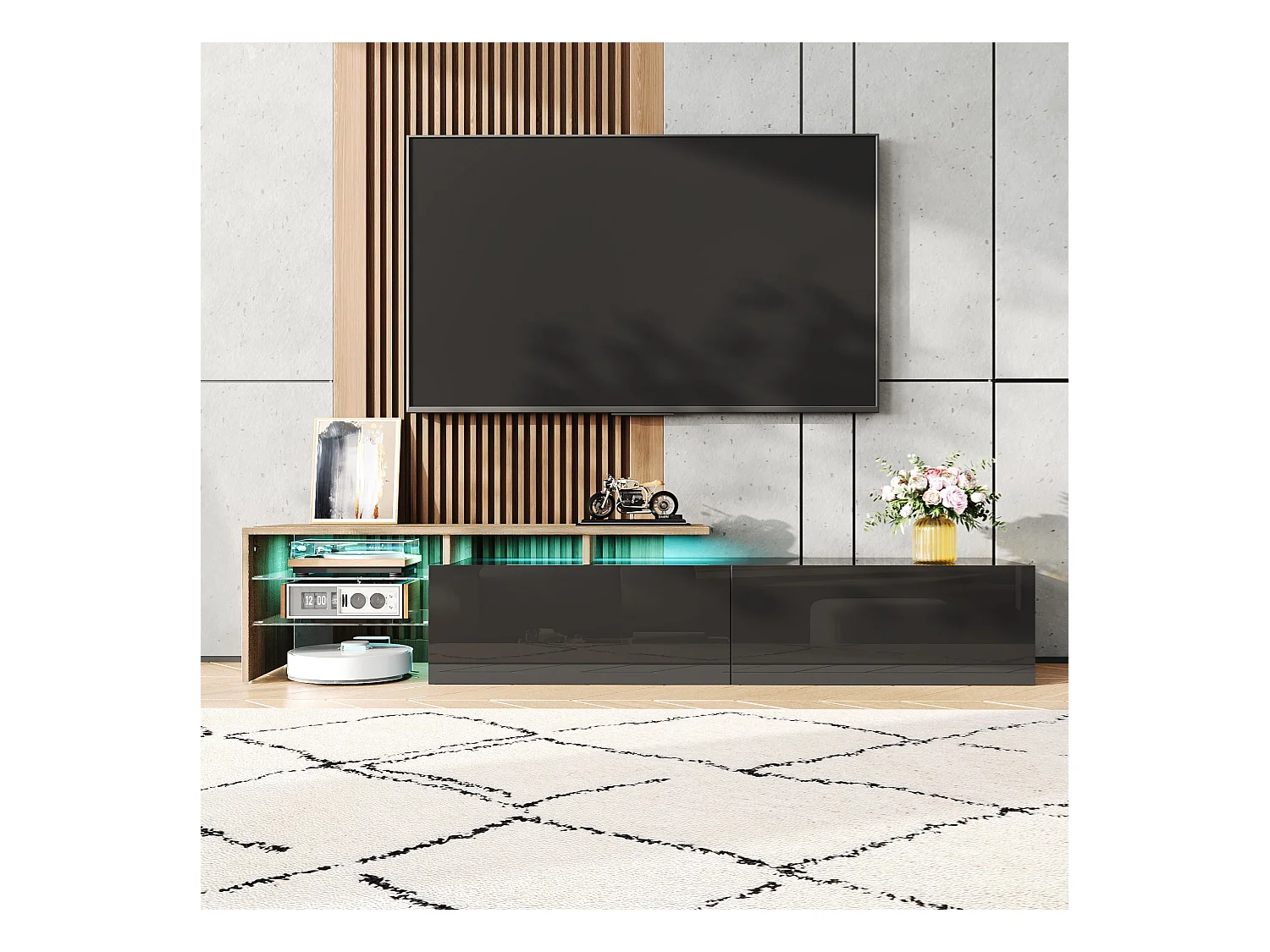 Meuble TV élégant et raffiné, finition noir brillant/aspect bois, étagères en verre et éclairage LED. Espace de rangement pratique.