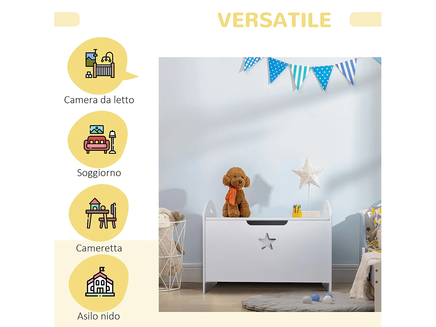 Baule contenitore portagiochi per bambini in legno bianco