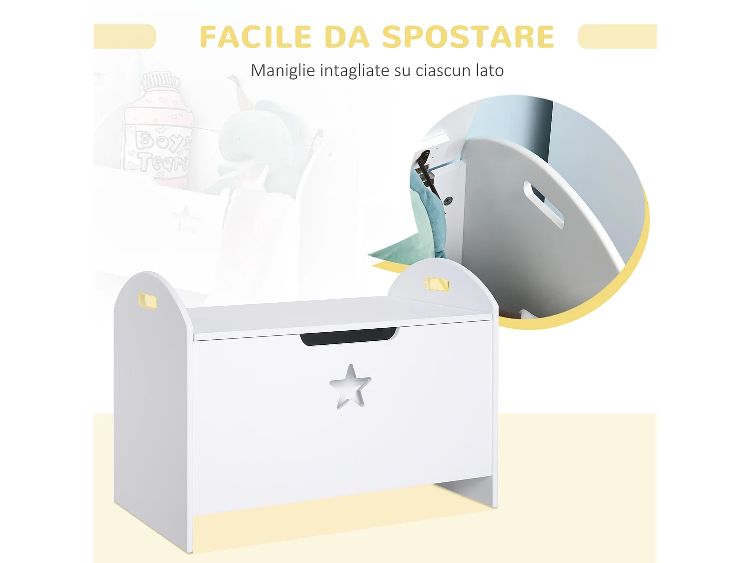 Baule contenitore portagiochi per bambini in legno bianco