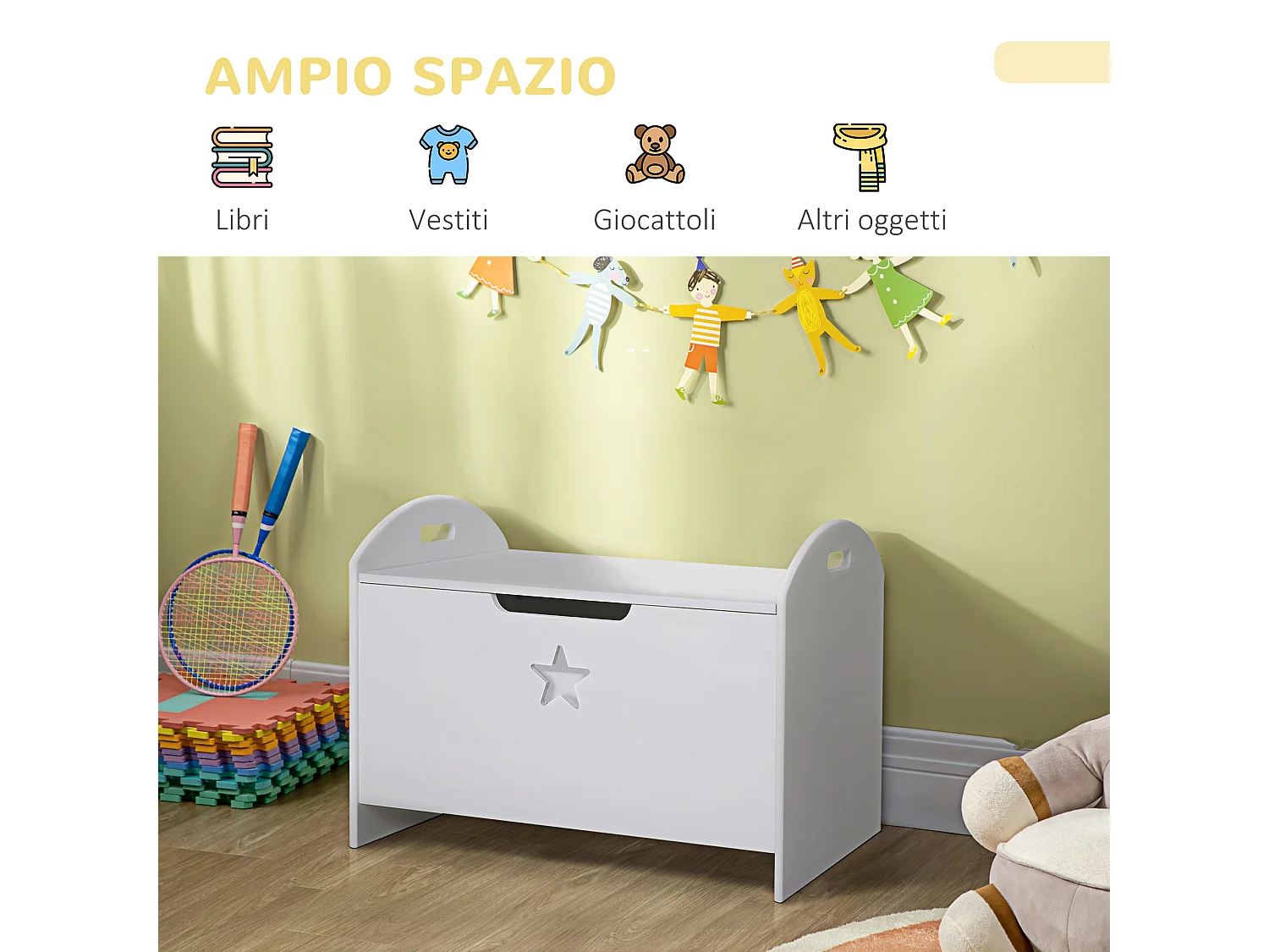 Baule contenitore portagiochi per bambini in legno bianco