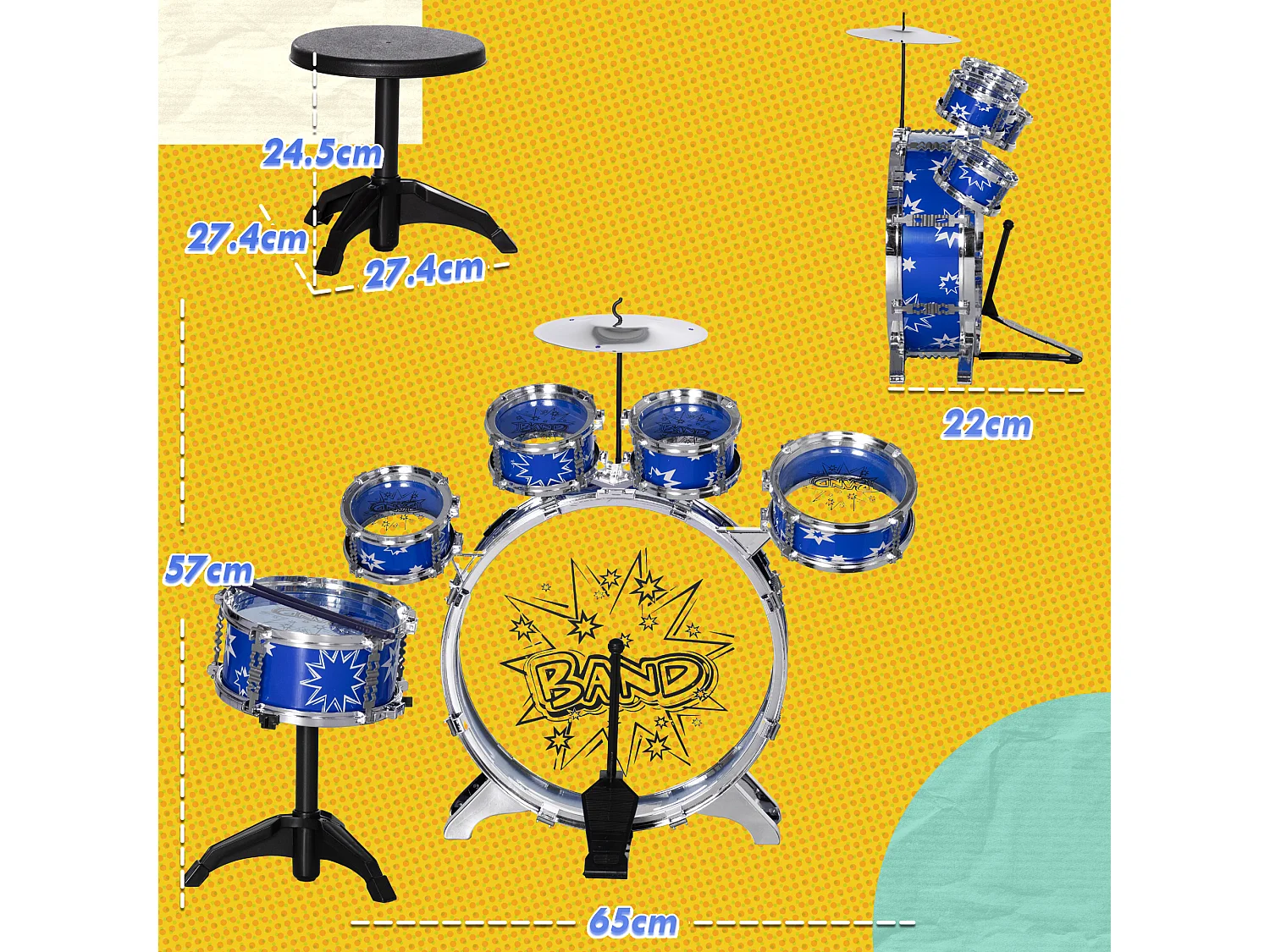 Set batteria per bambini 3-6 anni con tamburi grancassa e piatto blu