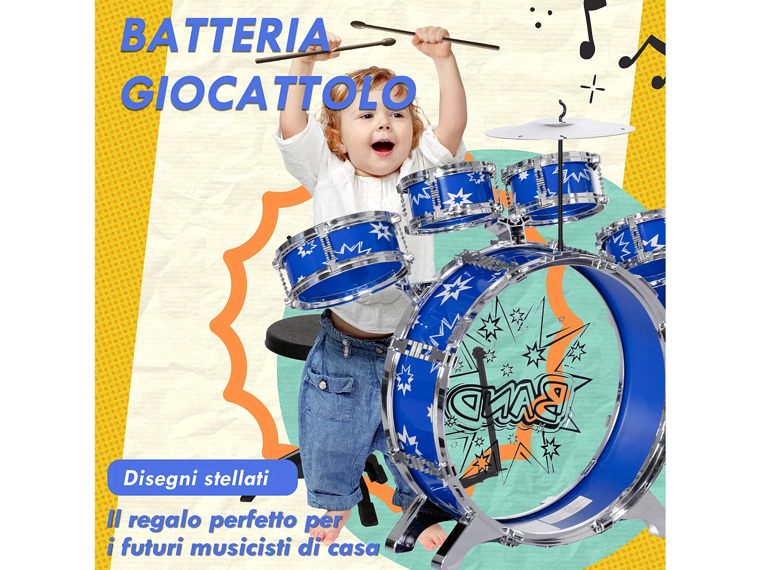 Set batteria per bambini 3-6 anni con tamburi grancassa e piatto blu