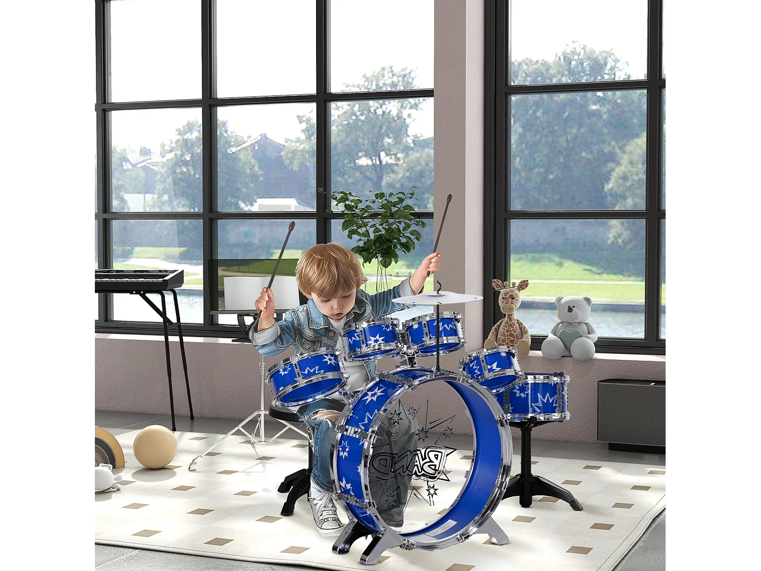 Set batteria per bambini 3-6 anni con tamburi grancassa e piatto blu