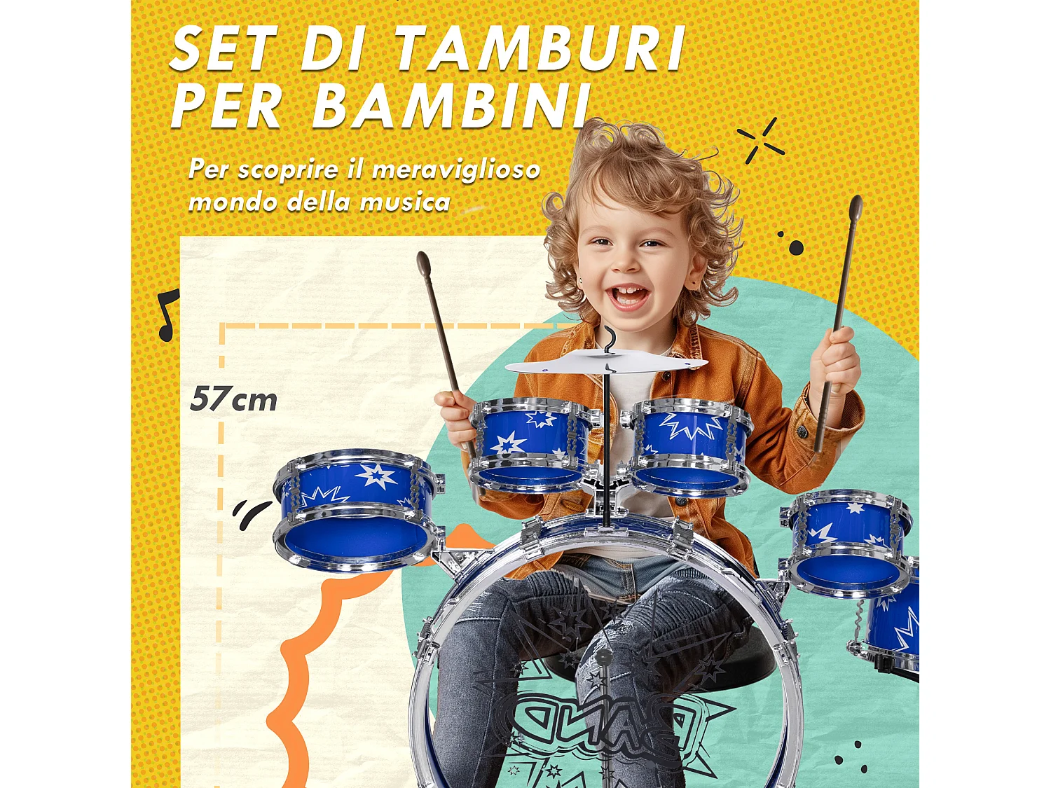 Set batteria per bambini 3-6 anni con tamburi grancassa e piatto blu
