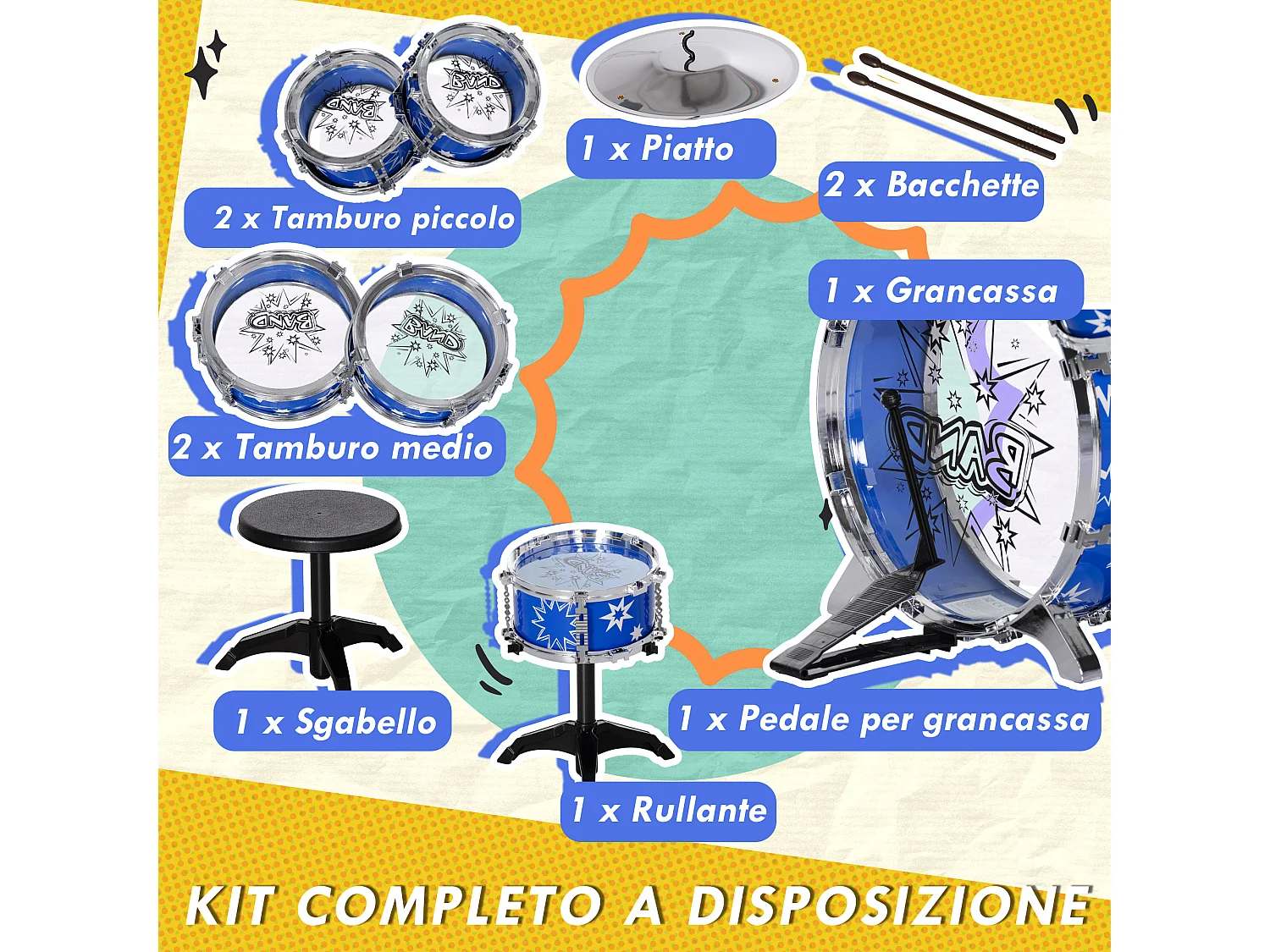 Set batteria per bambini 3-6 anni con tamburi grancassa e piatto blu