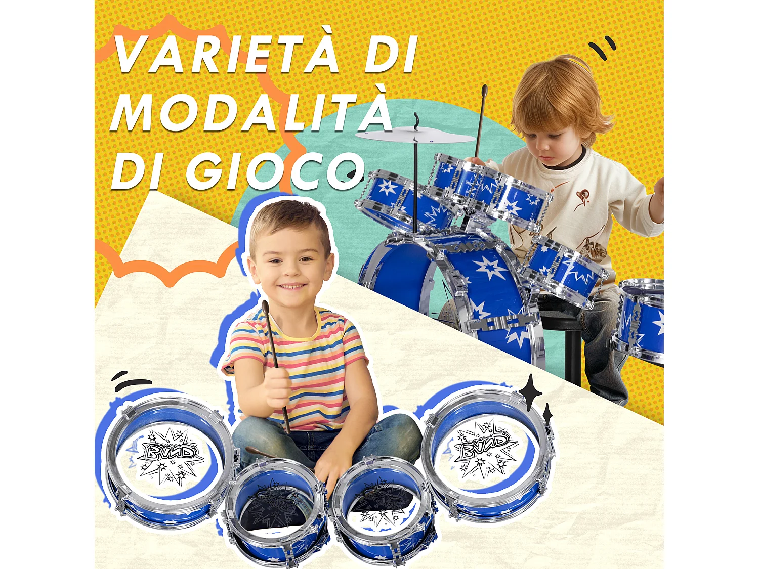 Set batteria per bambini 3-6 anni con tamburi grancassa e piatto blu