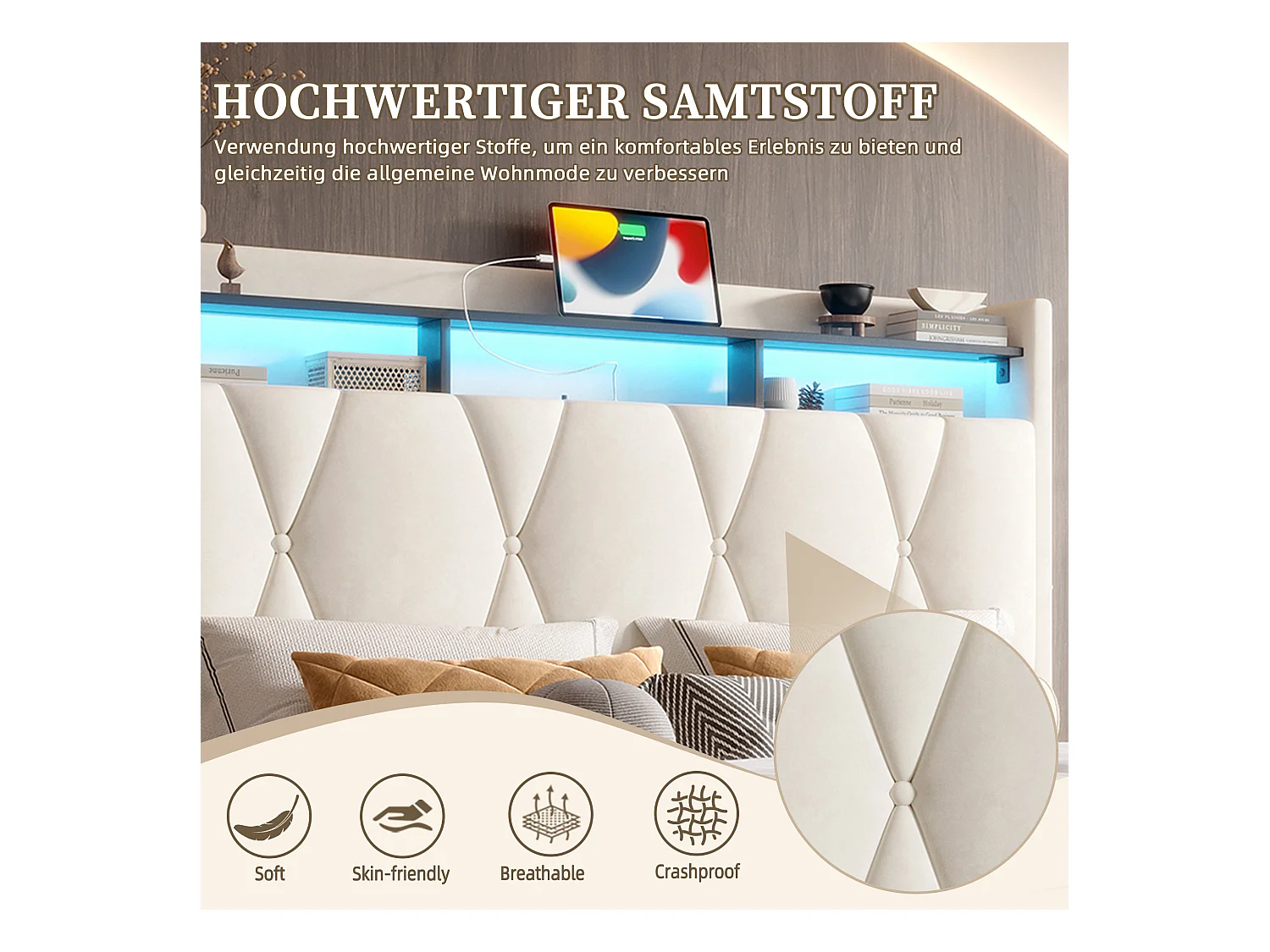 Lit Coffre 140×200 cm Velours Beige – Éclairage LED Multicolore - Ports USB+Type‑C - Rangement Sous Sommier – Style Contemporain