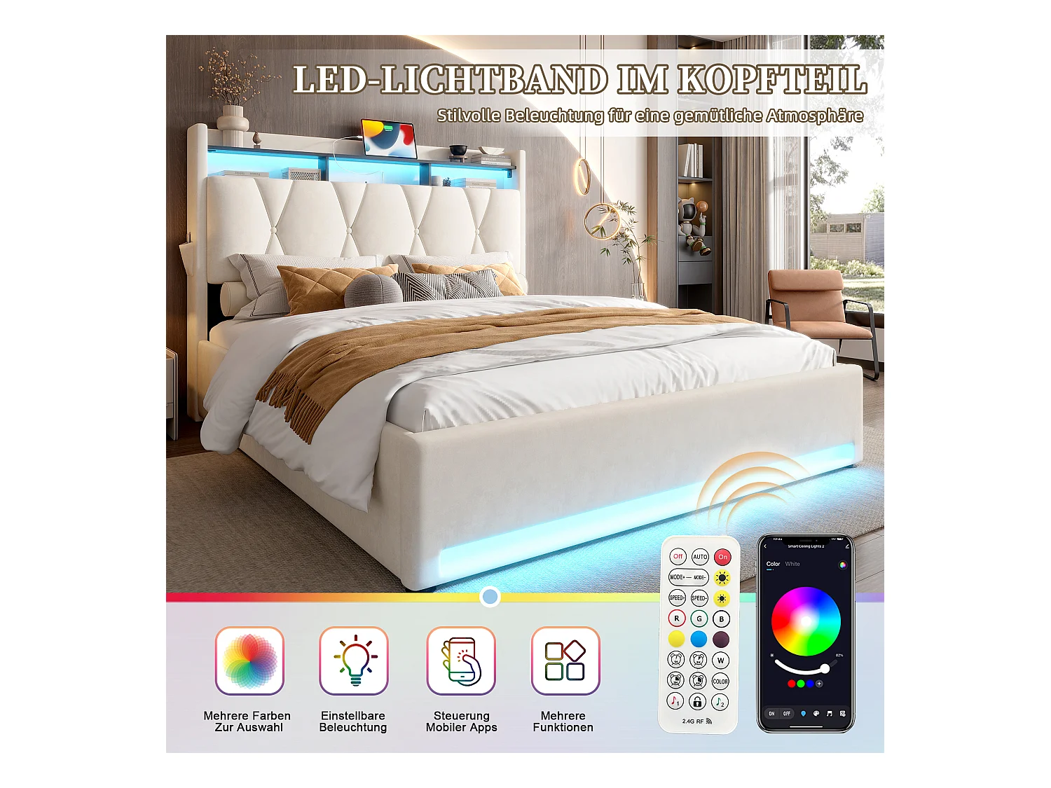 Lit Coffre 140×200 cm Velours Beige – Éclairage LED Multicolore - Ports USB+Type‑C - Rangement Sous Sommier – Style Contemporain