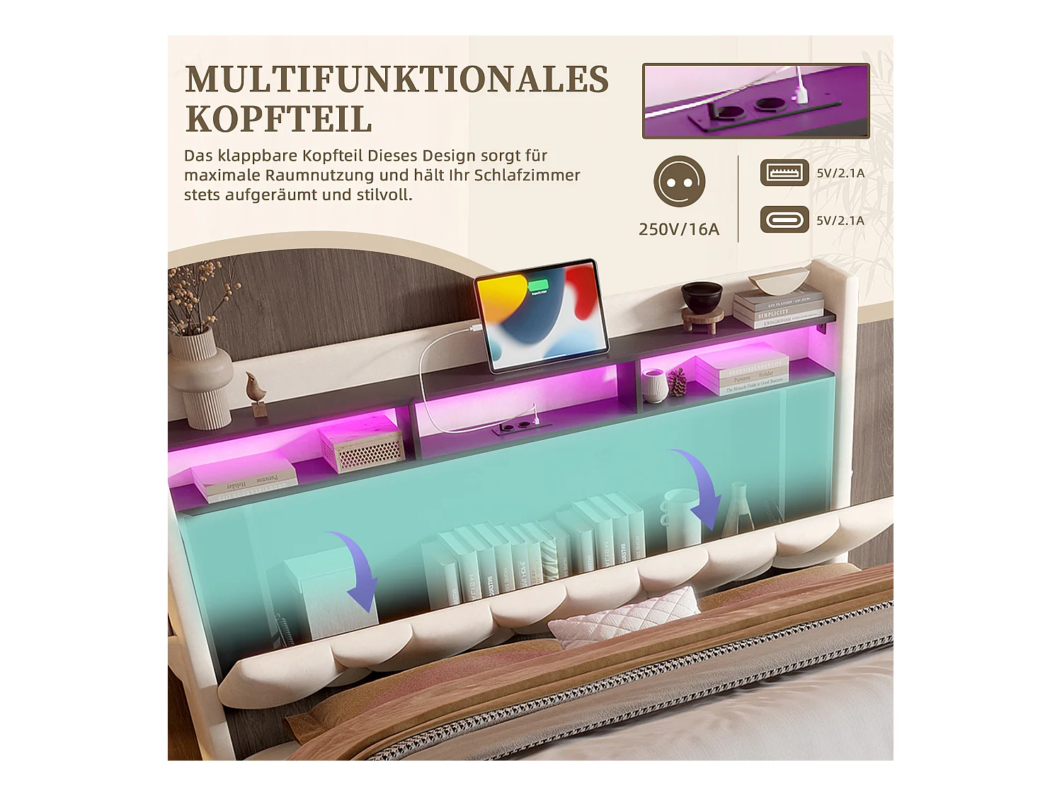 Lit Coffre 140×200 cm Velours Beige – Éclairage LED Multicolore - Ports USB+Type‑C - Rangement Sous Sommier – Style Contemporain