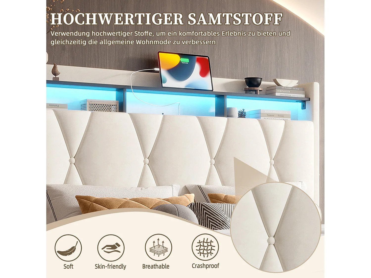 Lit Coffre 140×200 cm Velours Beige – Éclairage LED Multicolore - Ports USB+Type‑C - Rangement Sous Sommier – Style Contemporain