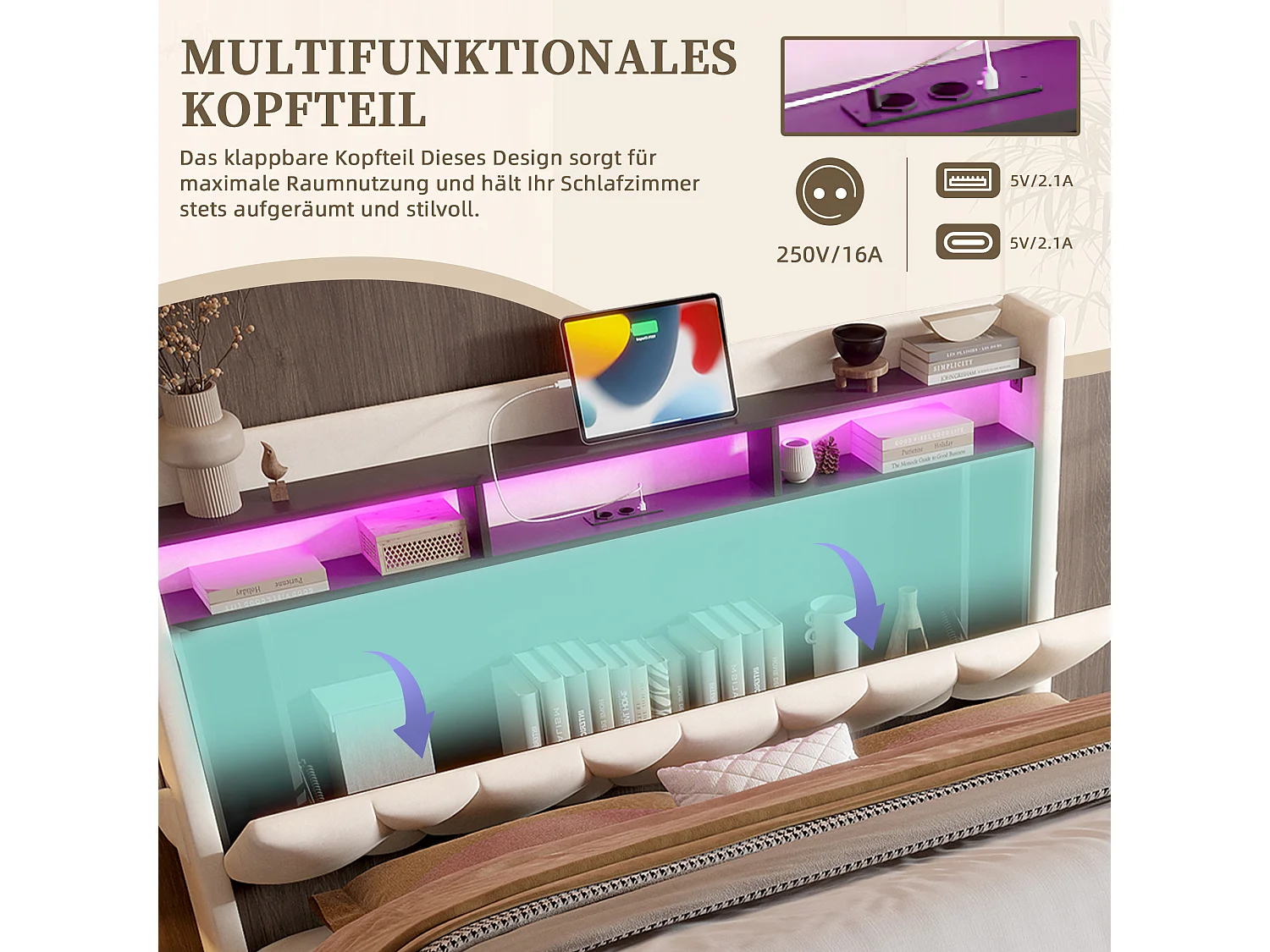 Lit Coffre 140×200 cm Velours Beige – Éclairage LED Multicolore - Ports USB+Type‑C - Rangement Sous Sommier – Style Contemporain