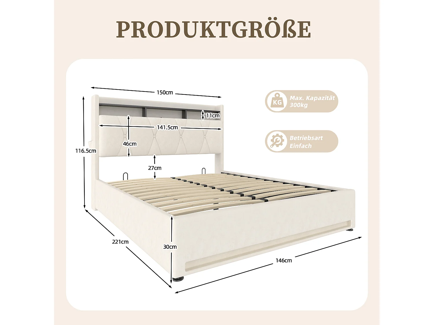 Lit Coffre 140×200 cm Velours Beige – Éclairage LED Multicolore - Ports USB+Type‑C - Rangement Sous Sommier – Style Contemporain