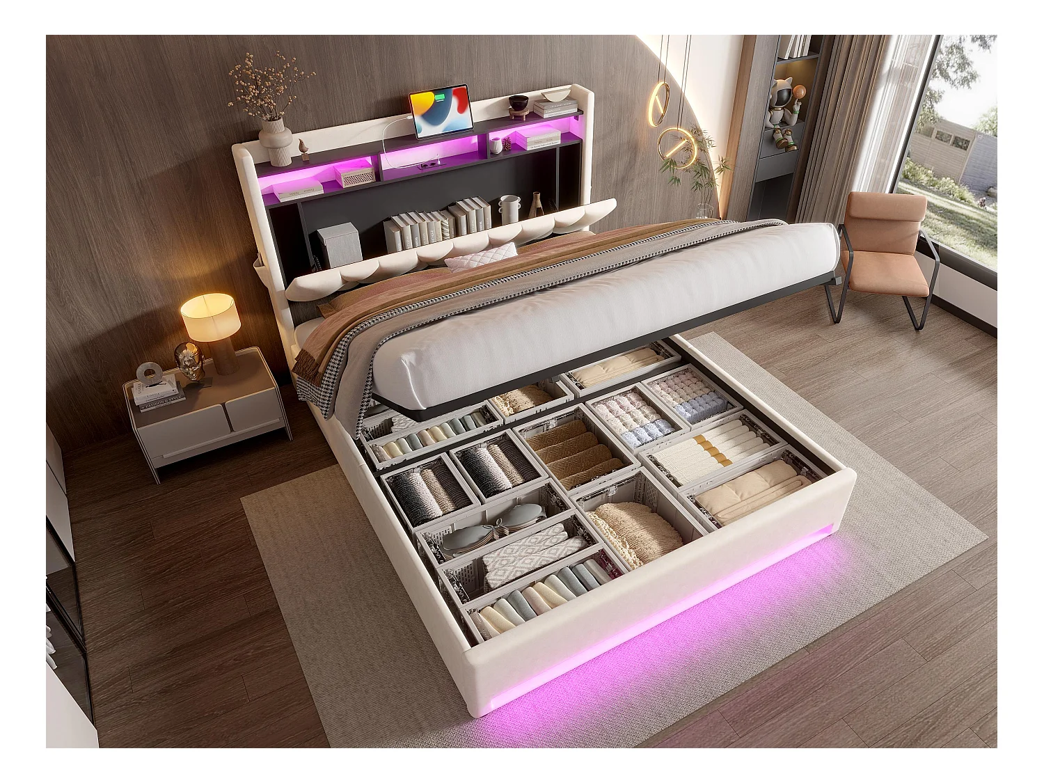 Lit Coffre 140×200 cm Velours Beige – Éclairage LED Multicolore - Ports USB+Type‑C - Rangement Sous Sommier – Style Contemporain