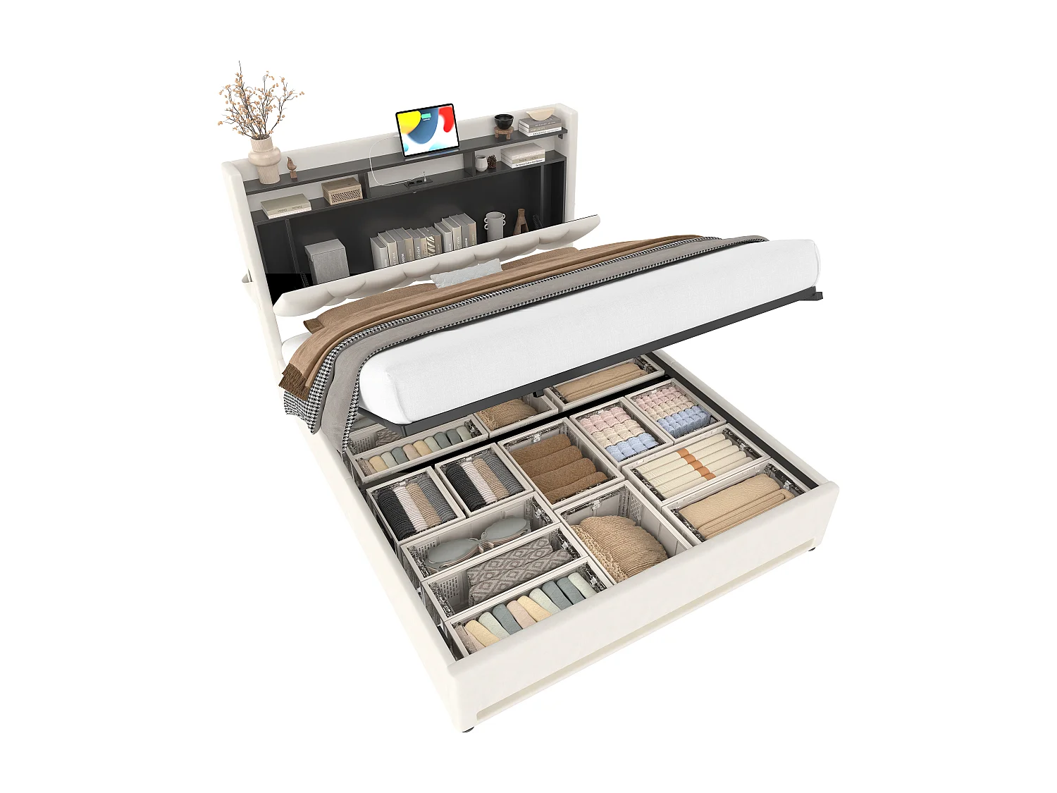 Lit Coffre 140×200 cm Velours Beige – Éclairage LED Multicolore - Ports USB+Type‑C - Rangement Sous Sommier – Style Contemporain