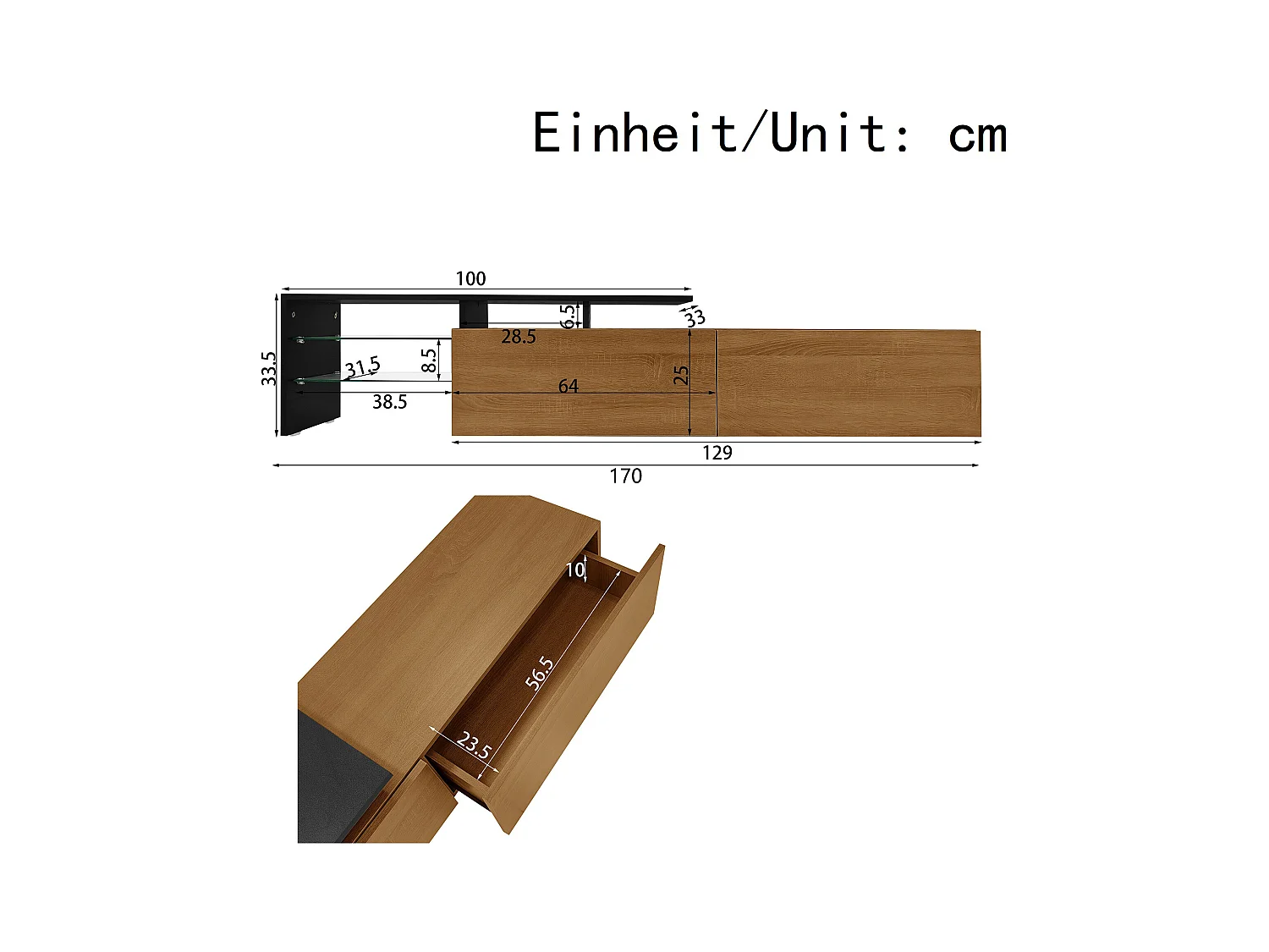 Meuble TV élégant et raffiné, aspect noir/bois, étagères en verre et éclairage LED. Espace de rangement pratique.