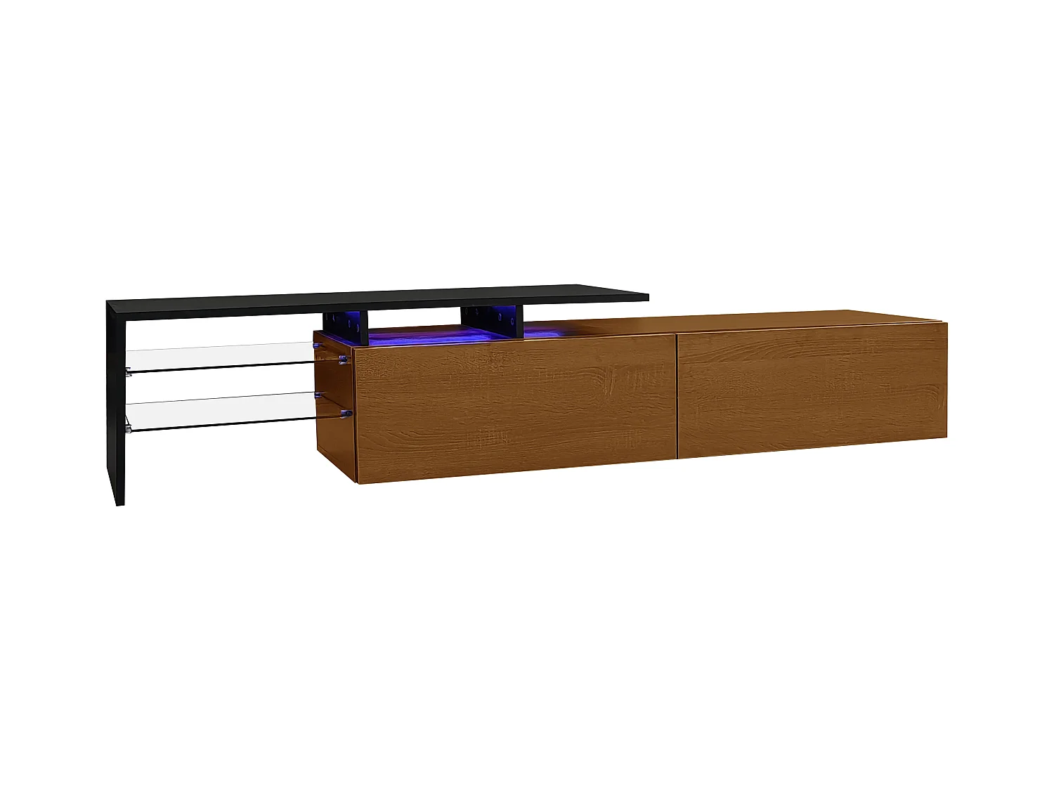 Meuble TV élégant et raffiné, aspect noir/bois, étagères en verre et éclairage LED. Espace de rangement pratique.