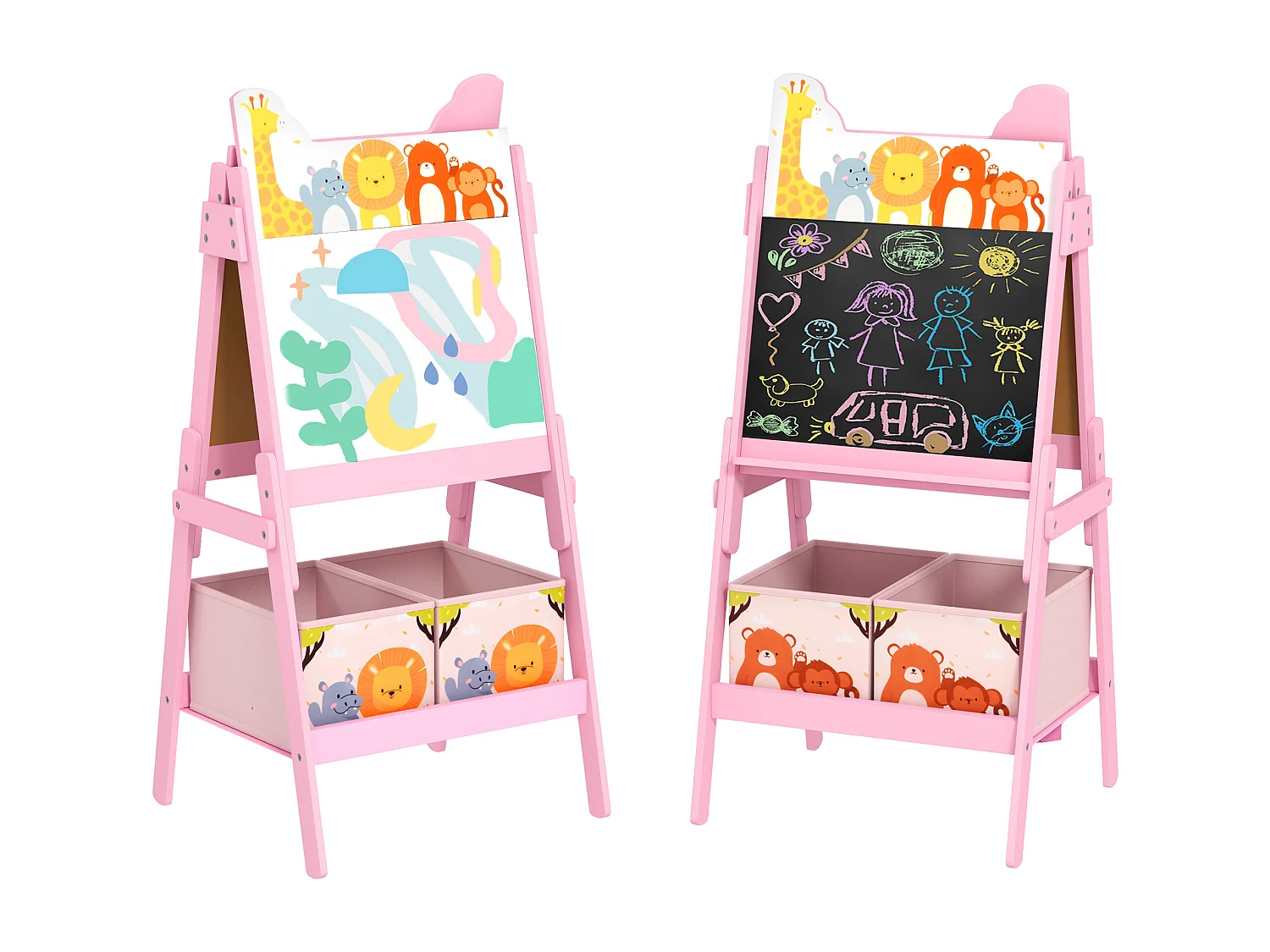 Cavalletto artistico per bambini con lavagna a 2 lati in legno rosa