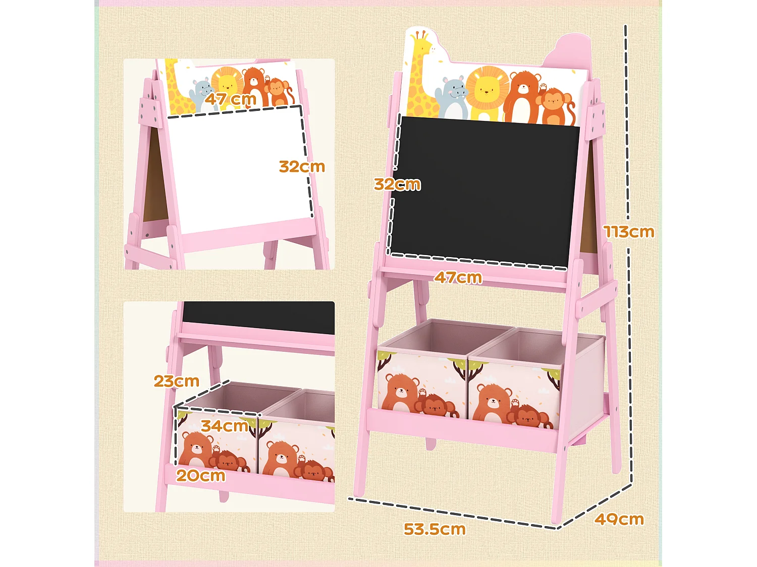 Cavalletto artistico per bambini con lavagna a 2 lati in legno rosa