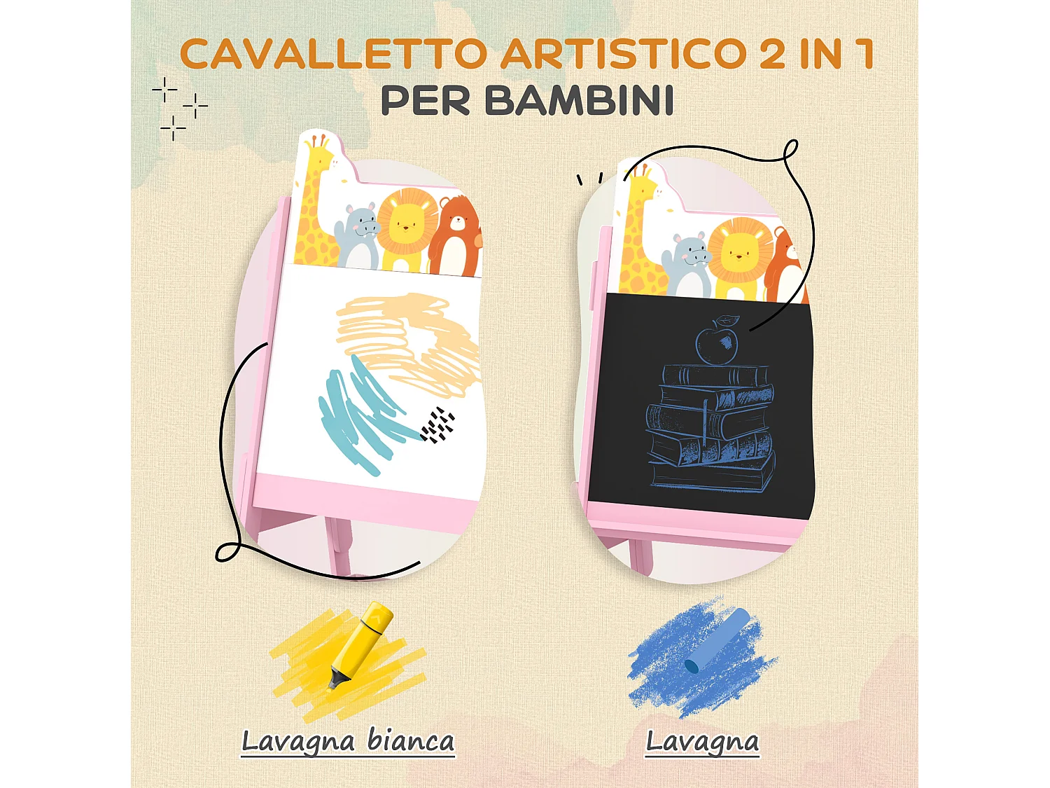 Cavalletto artistico per bambini con lavagna a 2 lati in legno rosa