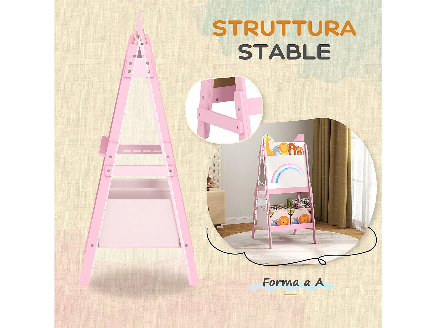 Cavalletto artistico per bambini con lavagna a 2 lati in legno rosa