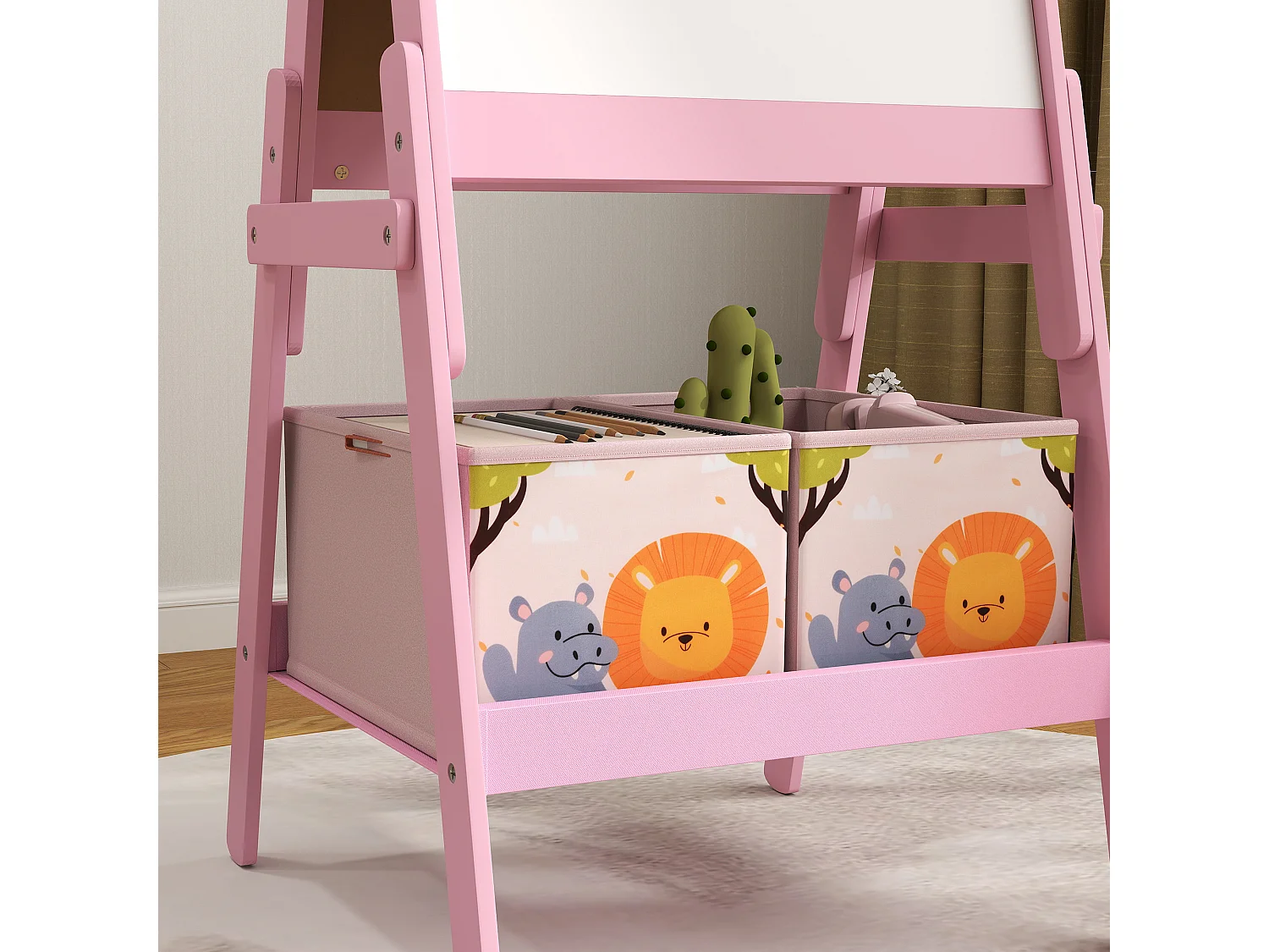 Cavalletto artistico per bambini con lavagna a 2 lati in legno rosa